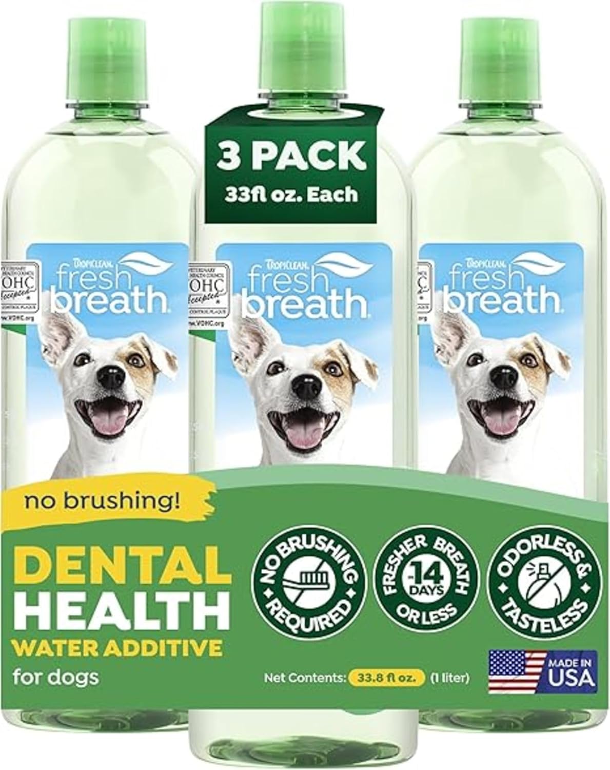 TropiClean Fresh Breath Water Additive for Dogs, Dog Breath Freshener & Teeth Cleaning Solution, No Toothpaste or Toothbrush Required, 33.8oz, 3 Pack