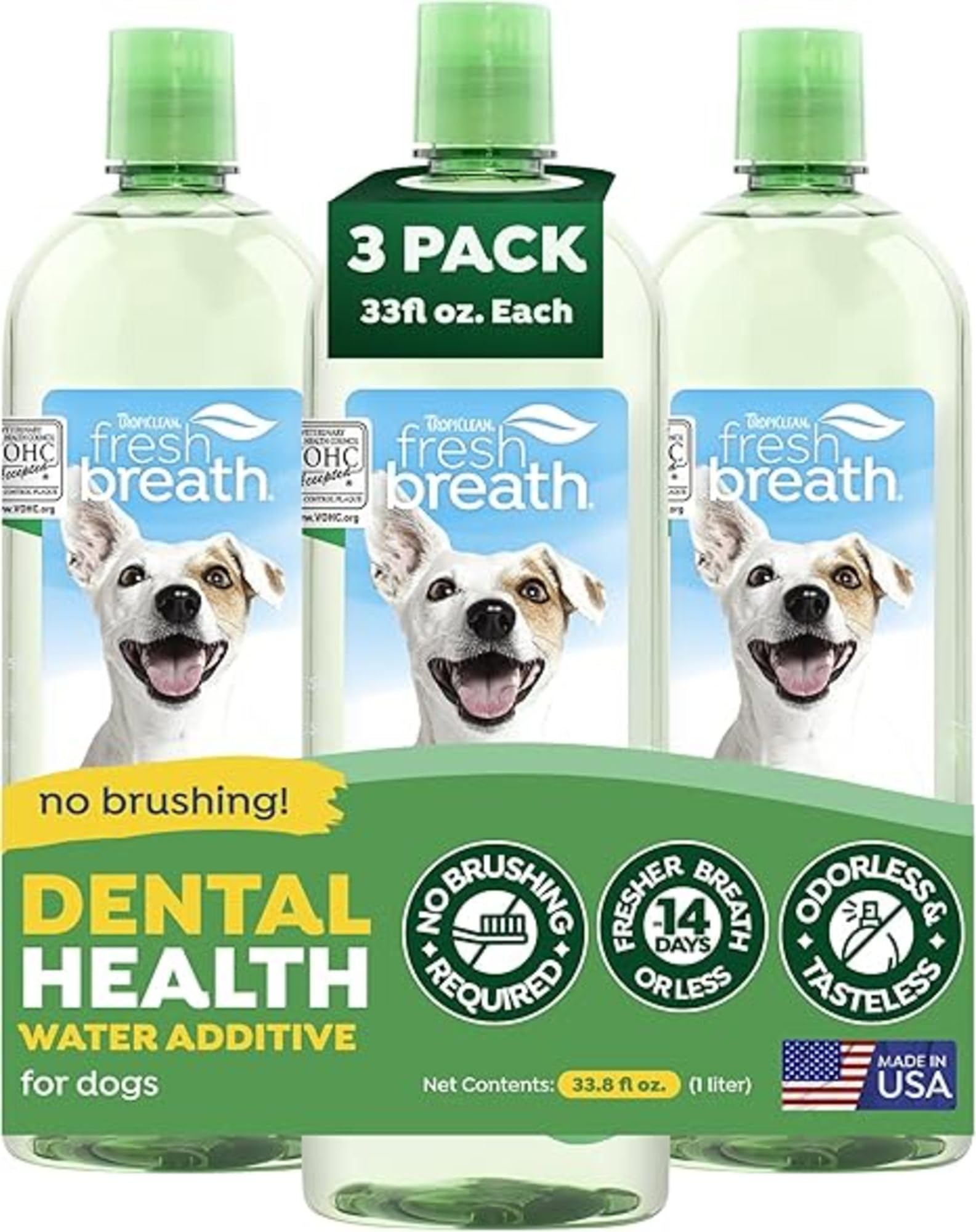 Fresh Breath Water Additive for Dogs, Dog Breath Freshener & Teeth Cleaning Solution, No Toothpaste or Toothbrush Required, 33.8oz, 3 Pack