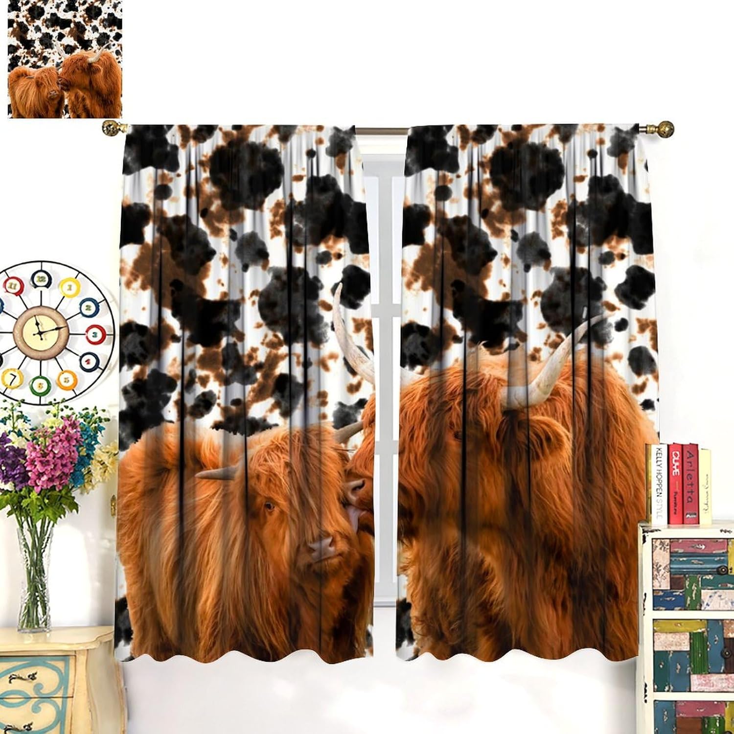 Highland Cattle Curtains, Farmhouse Western Wild Animal Milk Cow Fur Print Blackout Window Drapes Rustic Country Style Rod Pocket Window Treatments for Bedroom Living Room 42x45 Inch