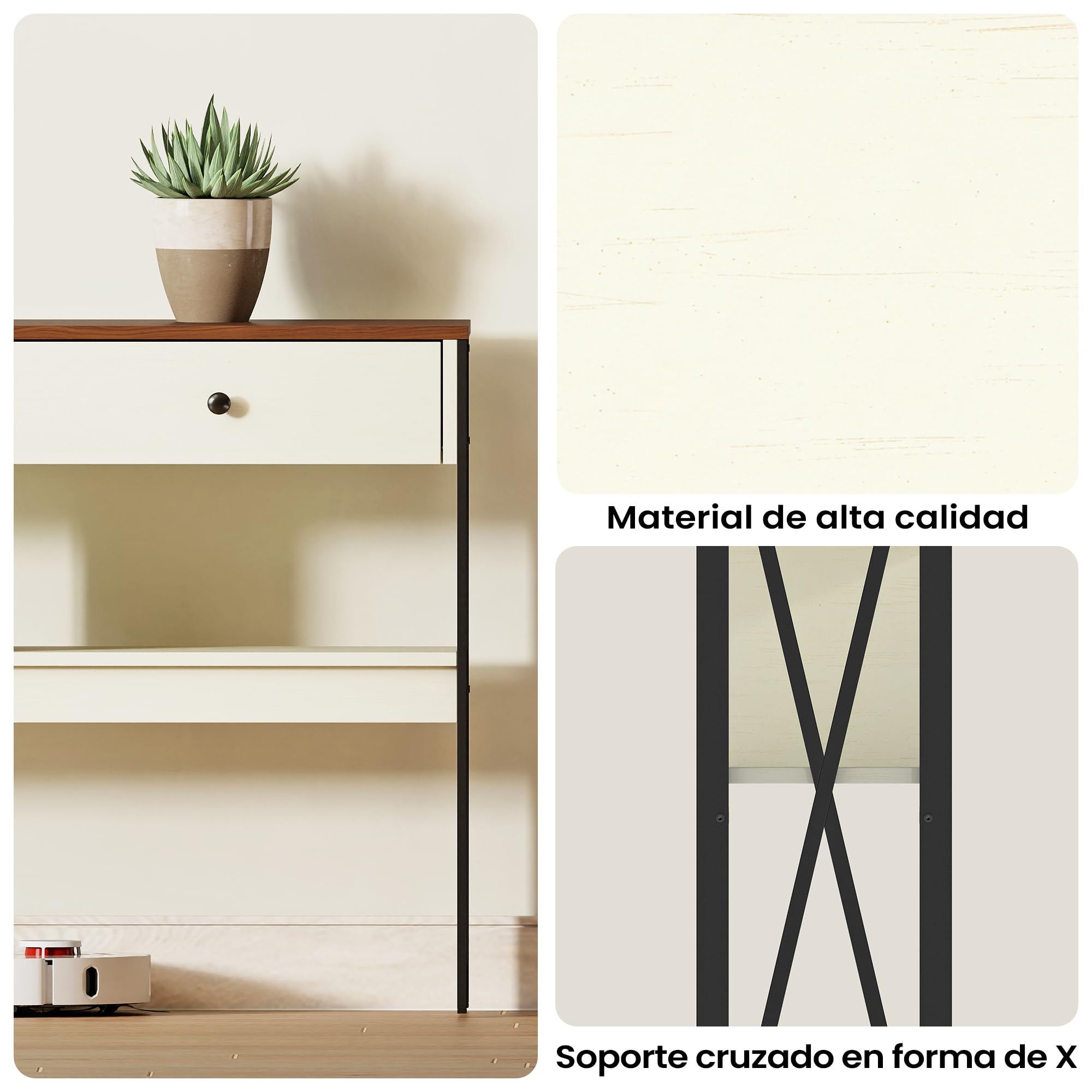 Manora Mesa de Consola Industrial, Mesa de Entrada con 2 Cajones y estantes de Almacenamiento, Mueble de Entrada para Salón, Pasillo y Recibidor, 100 x 24 x 76cm, Blanco y Marrón