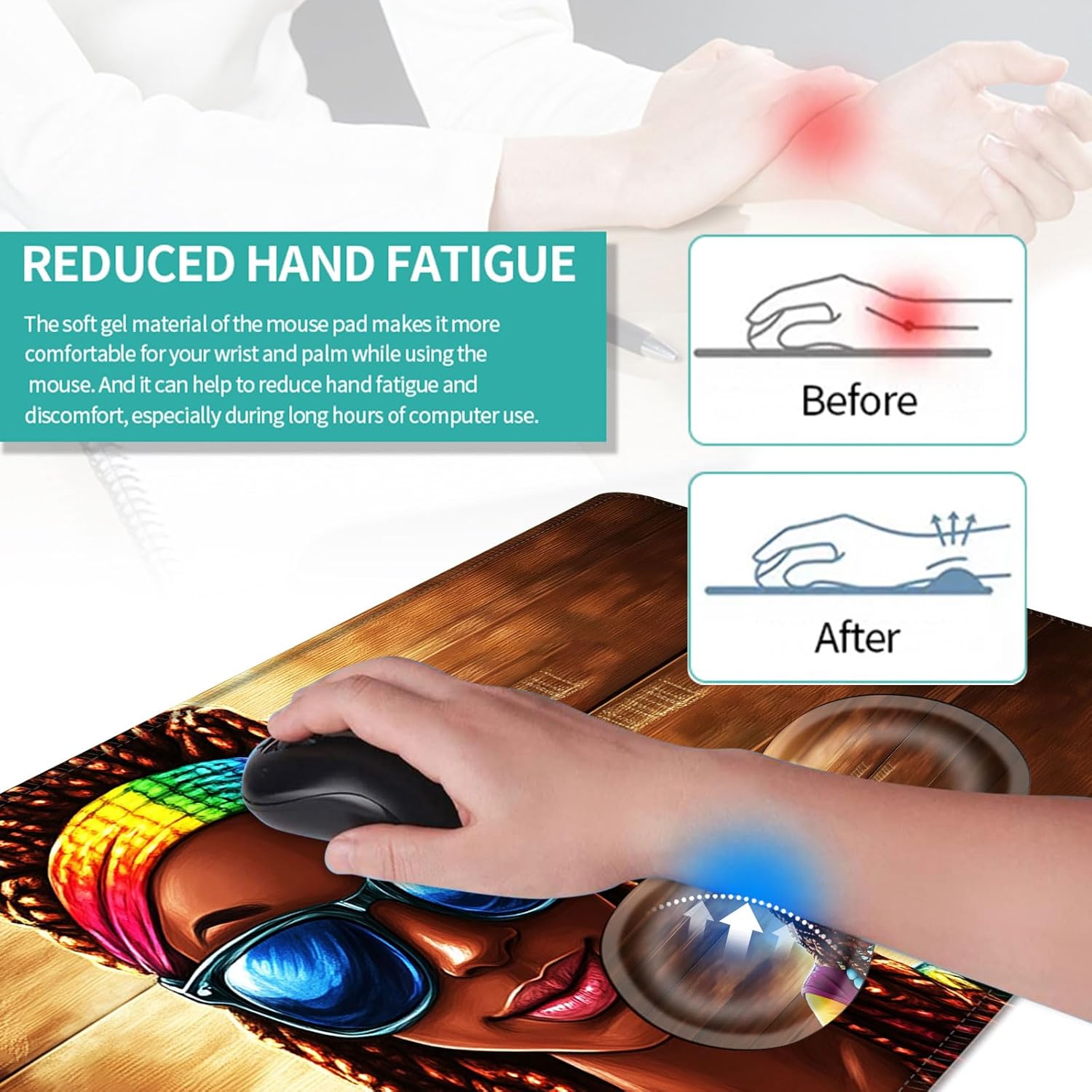 Keyboard Mouse Pad Set, Extended Gaming Mouse Pad+Ergonomics Keyboard Wrist Rest Support, Memory Foam, Easy Typing Pain Relief, 4Pcs XL Ultra Thick Desk Mat,Rainbow Woman