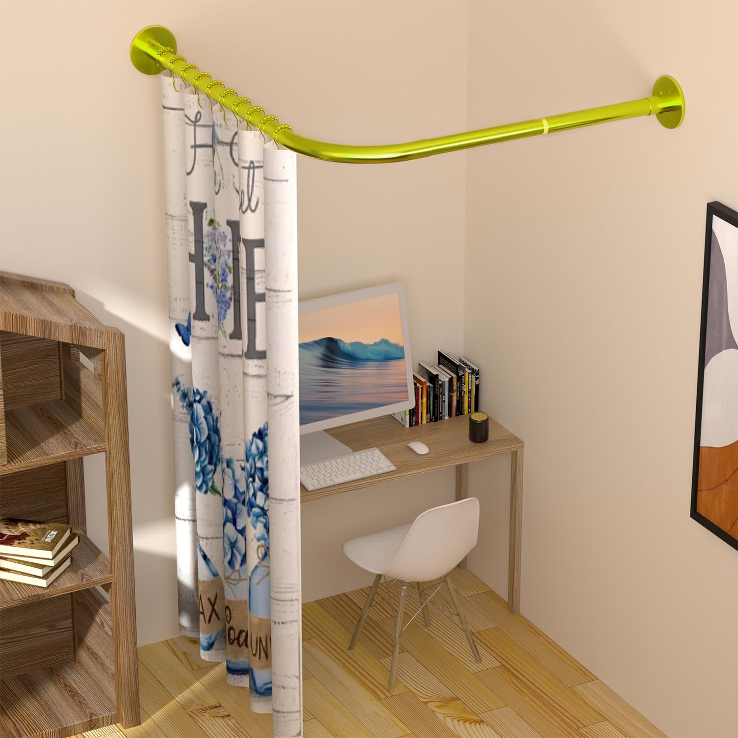 Corner Shower Curtain Rod Adjustable Stainless Steel L Shaped Rack Drill Free Install for Bathroom, Bathtub, Clothing Store (Gold 27"-39"x27"-39")