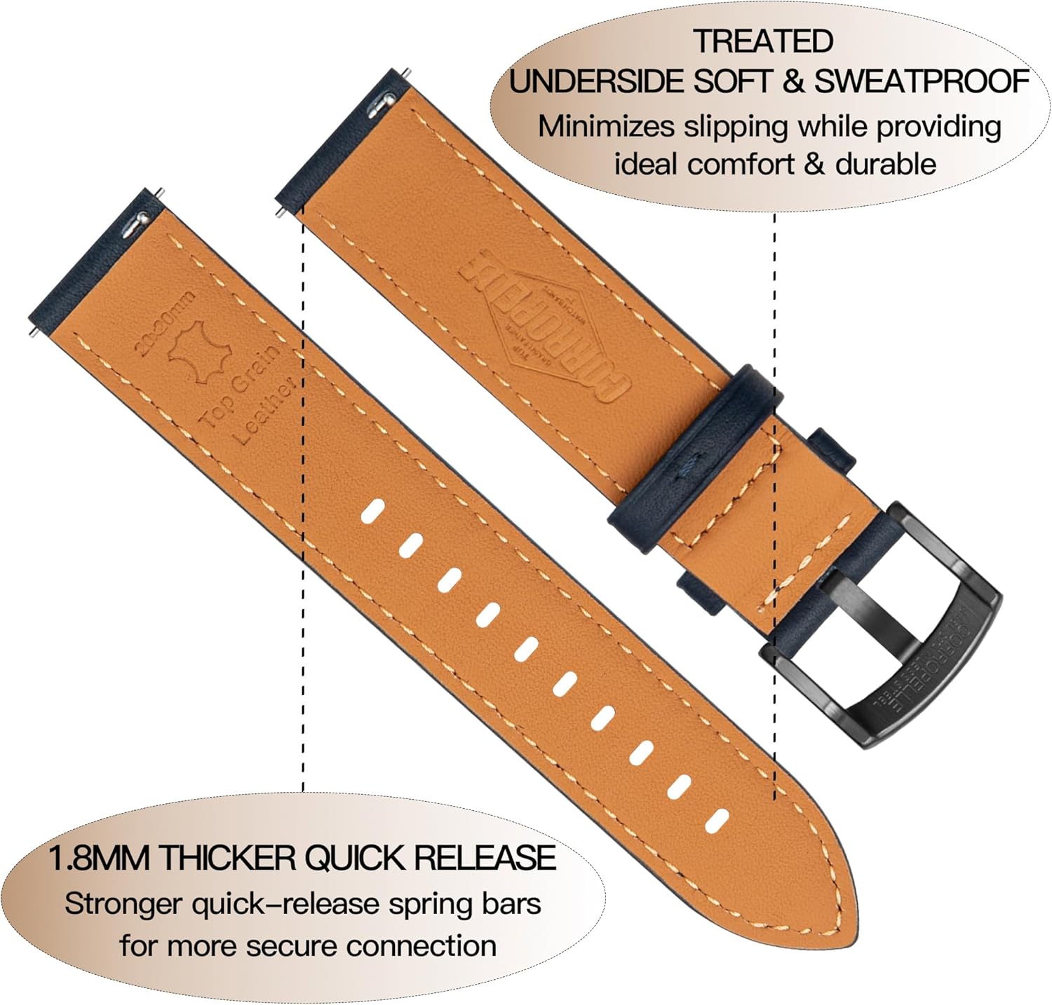 Leather Watch Band Strap Quick Release, Soft Padded Top Grain Nappa Leather Wrist band for Men Women, Choice of Width 18mm 19mm 20mm 21mm 22mm Replacement band for Watch & Smartwatch