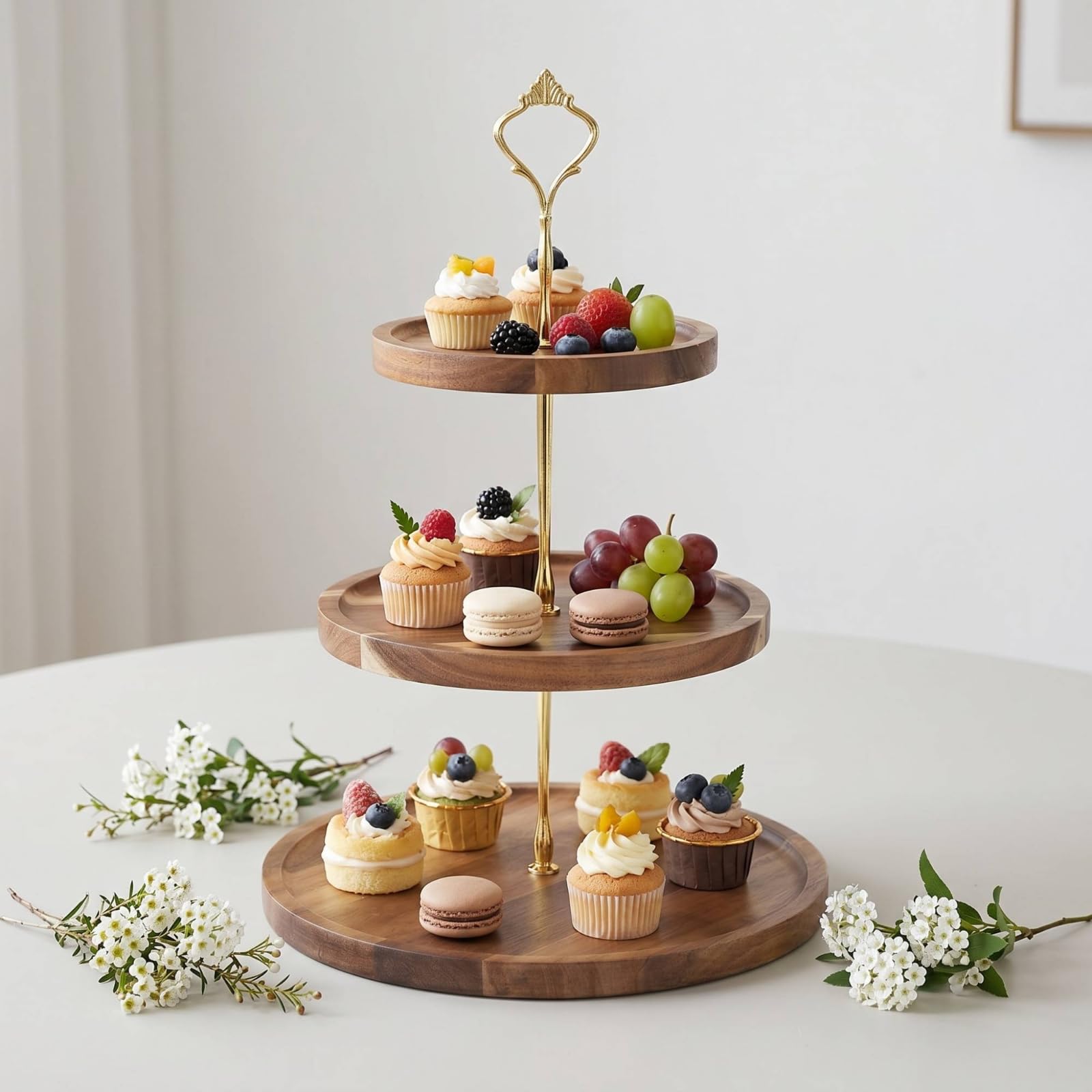 F Fityle Soporte para Postres Expositor de Pasteles de Dos Bandejas Circulares de Bambú de Hierro Asa de Aro Encaje Orden Vertical Adecuado para Reuniones Panaderías Cafeterías Encimeras