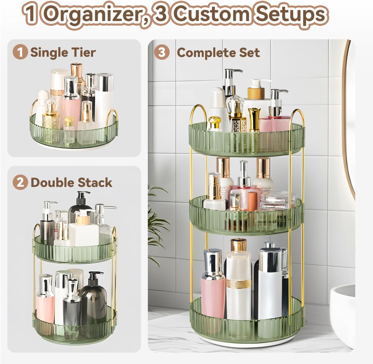 360° Rotating Makeup Organizer for Vanity, 3 Tier Perfume Organizers Skincare Organizers and Storage for Bathroom Countertop, Spinning Cosmetic Organizer for Bedroom Dresser Counter (Green)