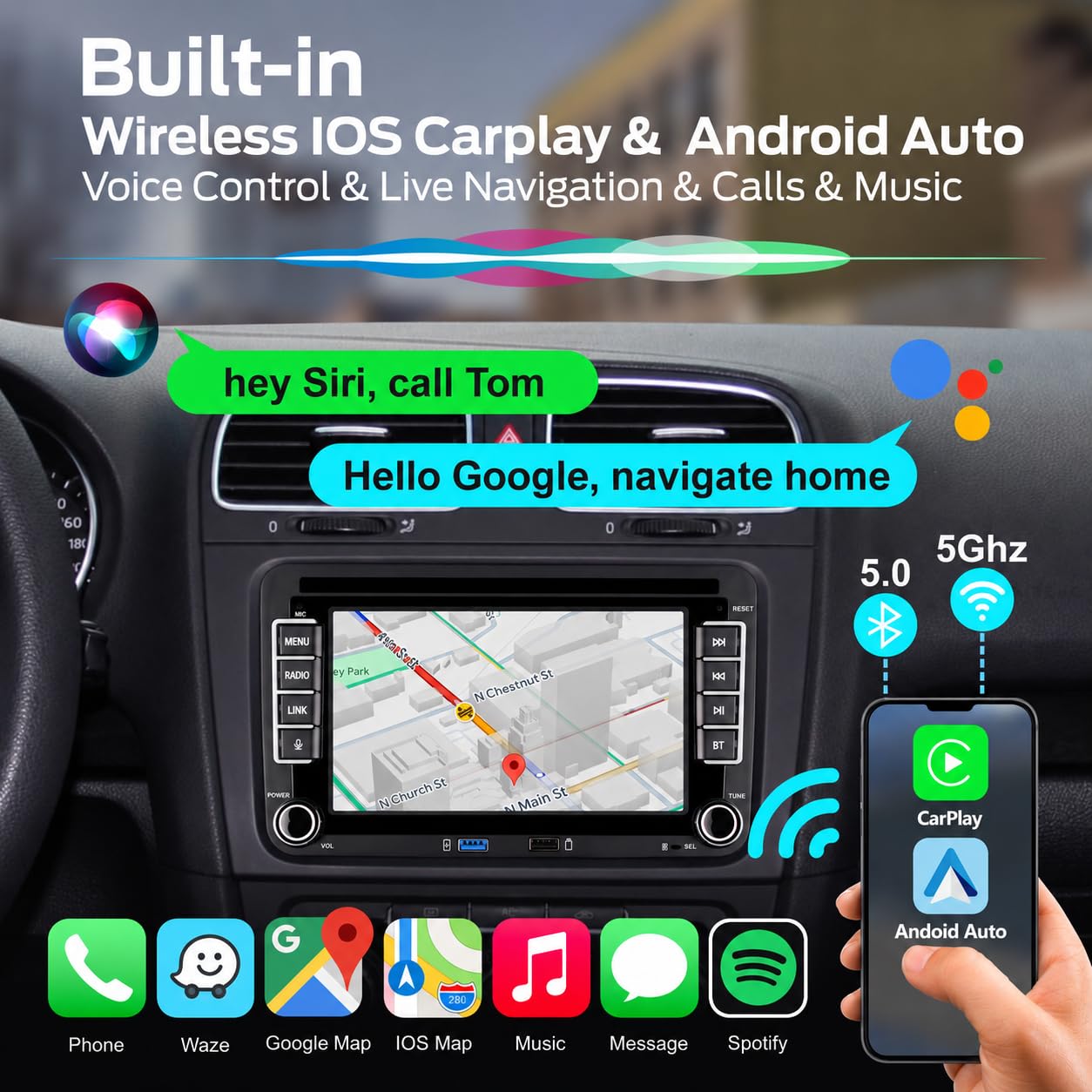 [Avvio Veloce]Autoradio Linux per VW Golf 5 Golf 6/Polo,radio VW con CarPlay & Android Auto Wireless Integrati,Schermo 7" per VW Compatibile Comandi originali del volante,AM/FM/RDS,Bluetooth,DSP,45Wx4