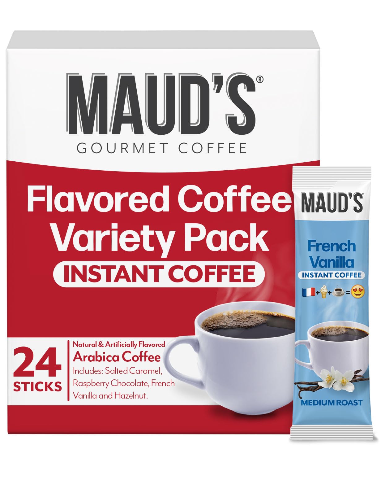 Maud's Flavored Instant Coffee Variety Pack, 24 ct, Caramel, Hazelnut, Raspberry, Vanilla, 100% Arabica Coffee, Medium Roast, Instant Hot or Iced Coffee - Just add water