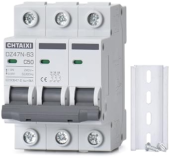 AC Miniature Circuit Breaker, 3 Pole 240V 50 Amp | DIN Rail Mount AC Disconnect Switch, Thermal Magnetic Trip MCB C50
