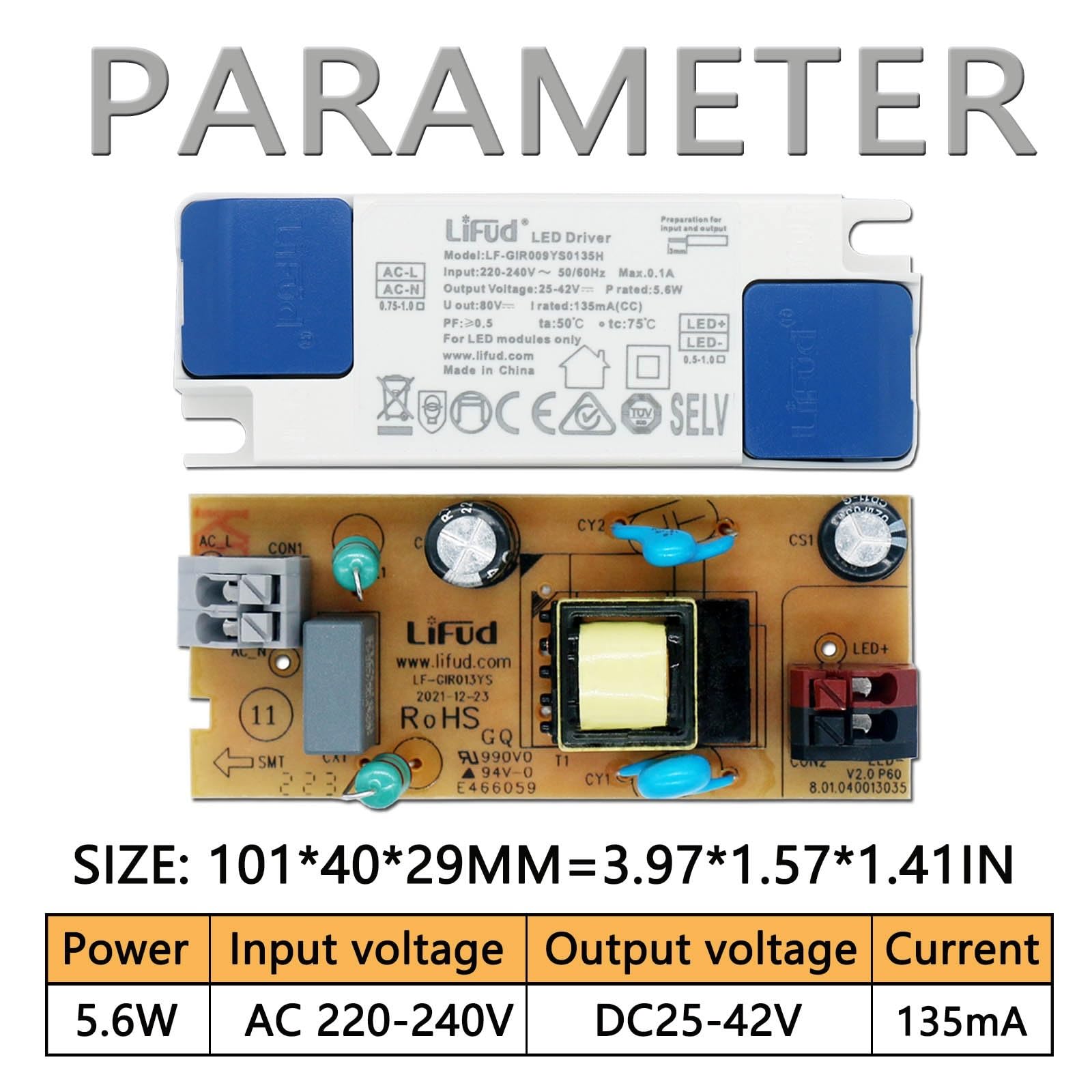 Transformador de potencia LED serie 5.6W-23.4W 28W-60W AC220-240V LED ignífugo de unidad de aislamiento(42W 1050mA)