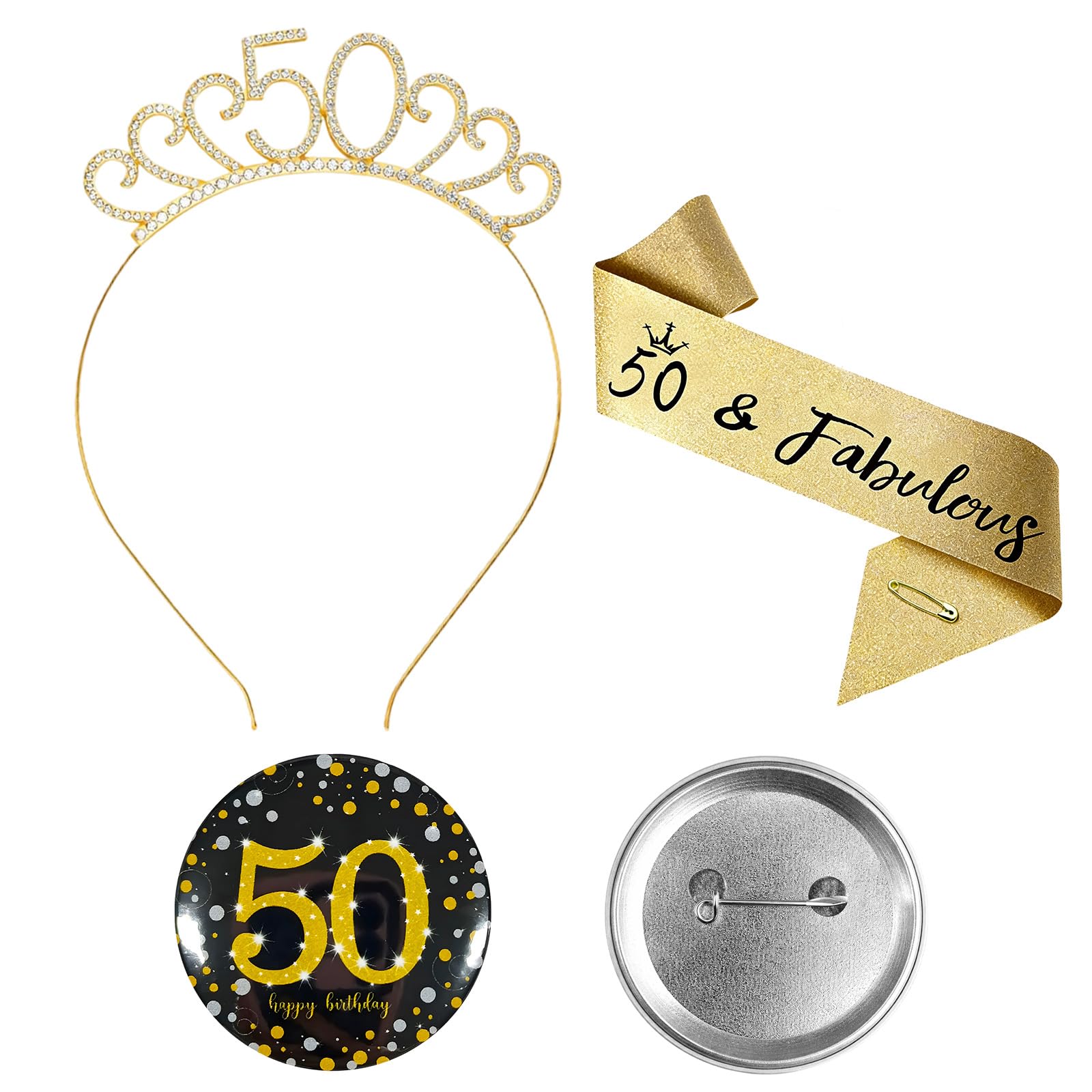 Wnzdp 50th Birthday Sash and Tiara Set for Women, Gold Tiara, Sash, Badge, and Pin, Complete 50th Birthday Party Kit