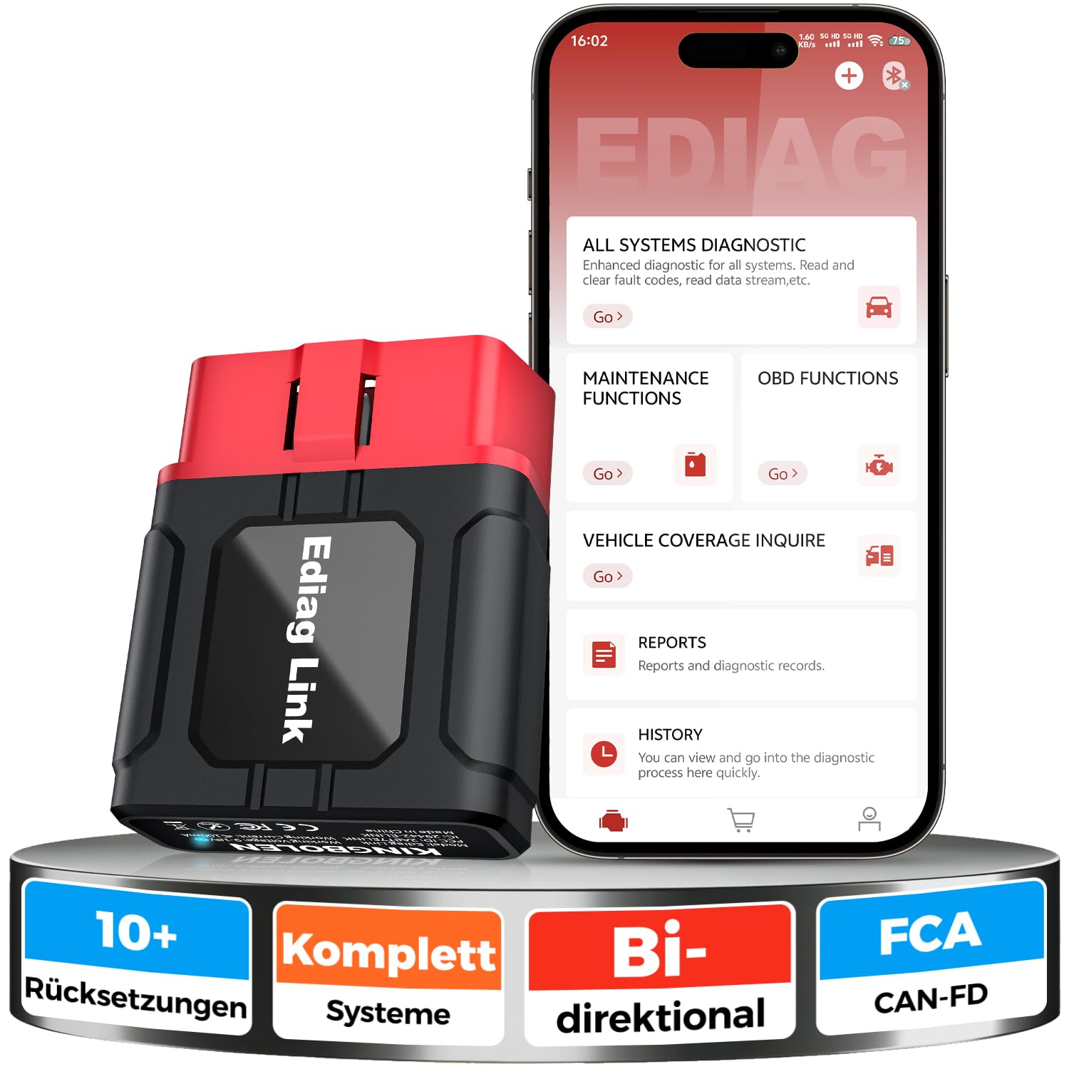 2026 KINGBOLEN Ediag Link OBD2 Diagnosegerät Bluetooth,Profi kfz Tester für Vollständige System,diagnosegerät auto mit 10+ Resets,Auto Auslesegerät mit Aktiver Test,FCA und Can FD,für iPhone & Android