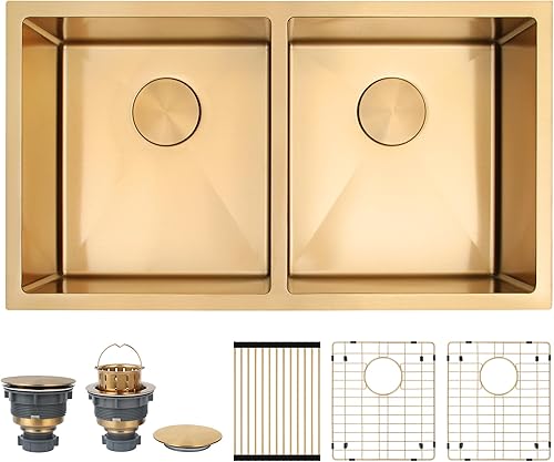 Vista 10 de LQS Fregadero de cocina dorado de 31 pulgadas, fregadero de cocina de acero inoxidable 50/50 de 31 x 18 pulgadas, fregadero de cocina de acero