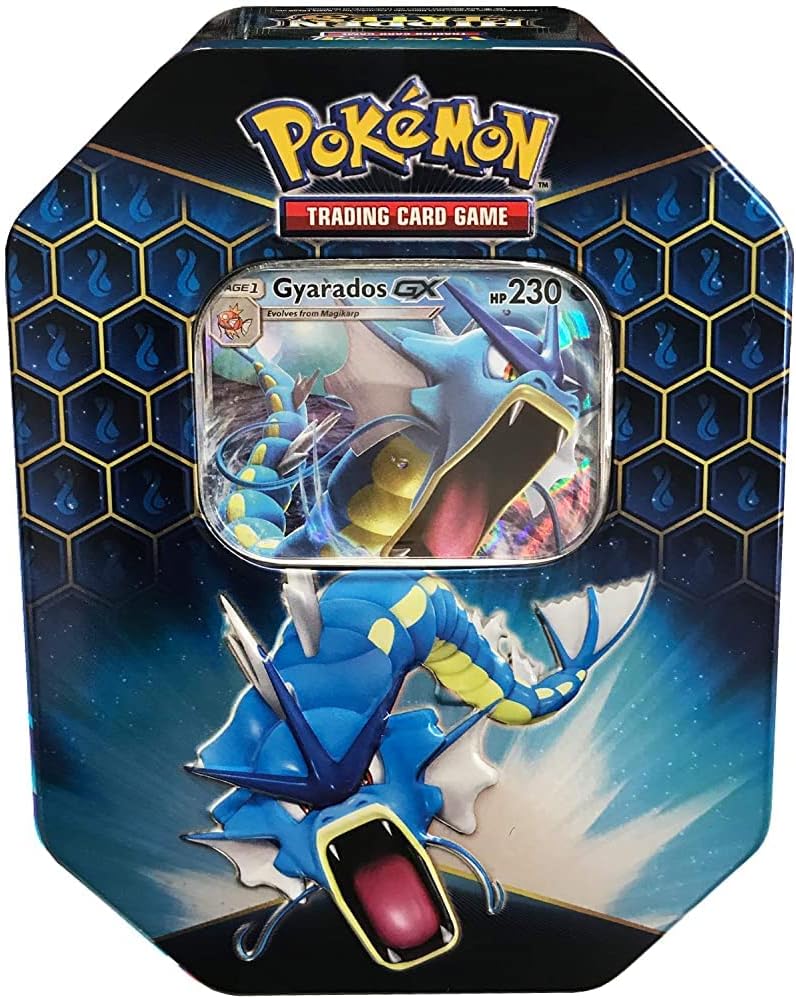 Pokemon SM11.5 Hidden Fates Gx Tin- Gyardos + 1 of 3 Foil Pokémon-GX Cards + 4 Booster Pack, Multicolor