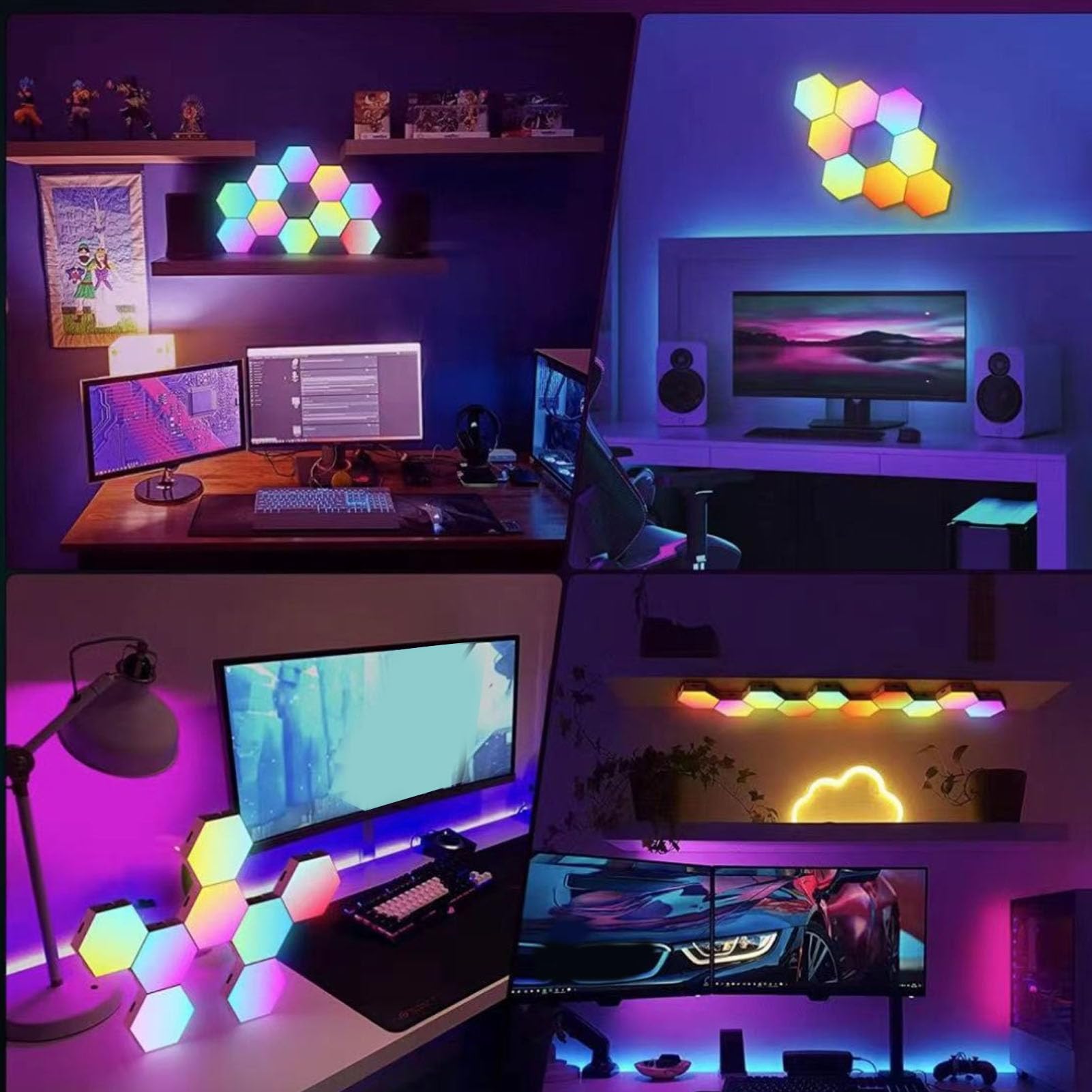 Pannelli Luminosi Esagonali da 8 Pezzi, Controllo Vocale, Sincronizzazione Musicale, Luci LED Esagonali RGB, Luci da Parete con App Bluetooth e Telecomando, Luci da Gioco LED