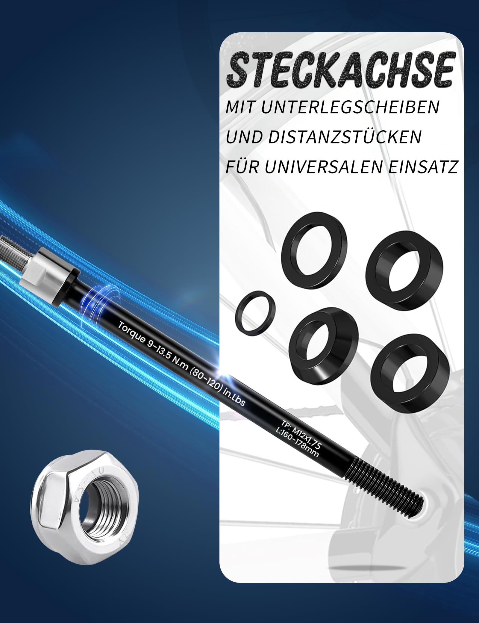 Steckachse Fahrradanhänger Adapter M12, Verstellbar 160-178mm, 3 Gewindearten (1.0/1.5/1.75), Kompatibel mit Thule, Qeridoo, Croozer - Schnellmontage - Robust, Leicht