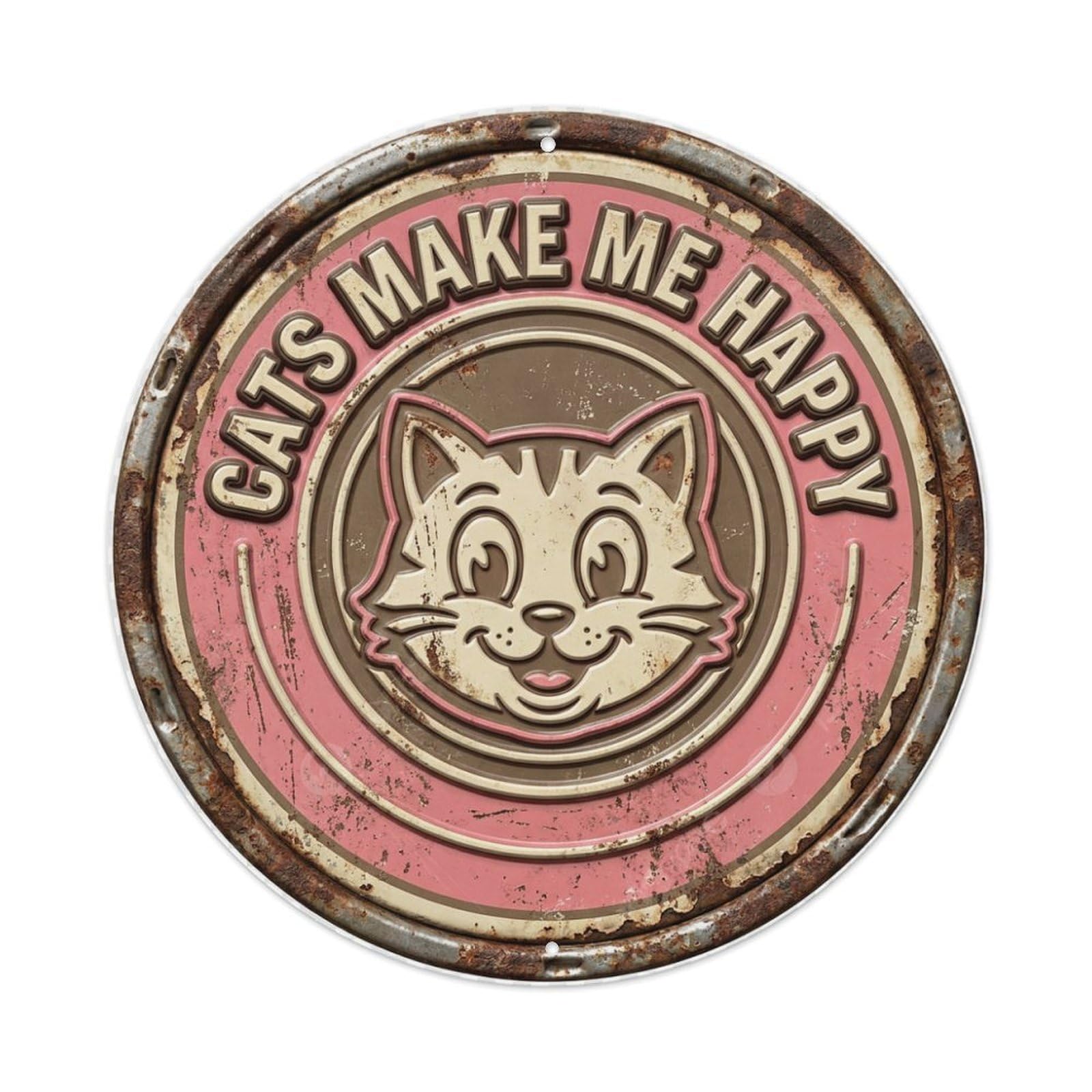 Cats Make Me Happy Purr Metal Tin Sign Plaque Wall Decor for Cafe, Club Bar, Office, Home Garden Round Metal Poster 8x8Inch