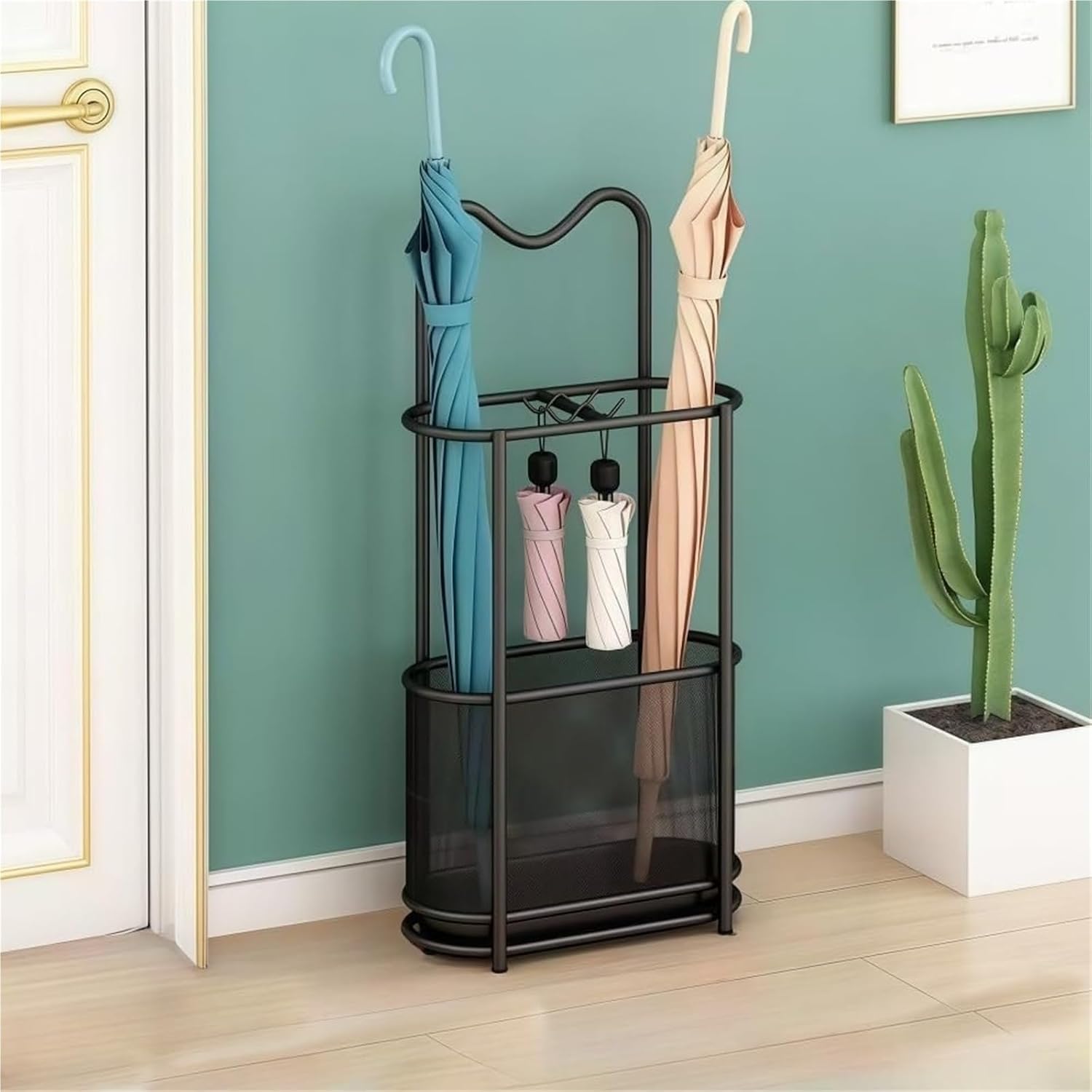 Metal Umbrella Stand with Drainage Base & Hooks - Stylish Indoor Umbrella Storage Rack - Heavy-Duty Organizer for Entryways and Hallways