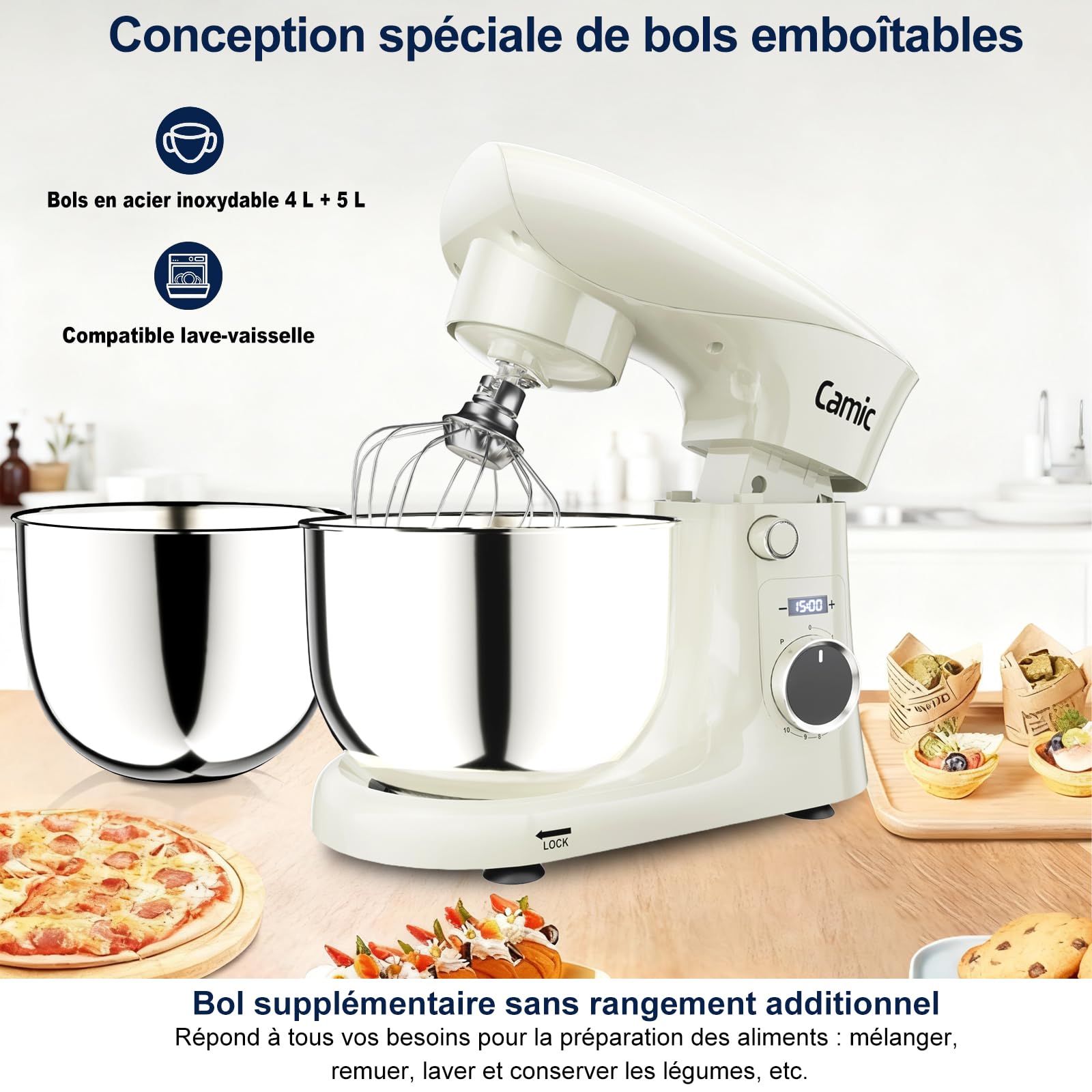 Camic Robot Pâtissier avec 3 Accessoires (Pétrissage, Mélange, Fouet), Robot Patissier avec écran LED, Minuterie, 10 Vitesses, 2 Bols en Acier Inoxydable (4 L + 5 L), pour Pâte, Pain, Pizza, Pâteaux