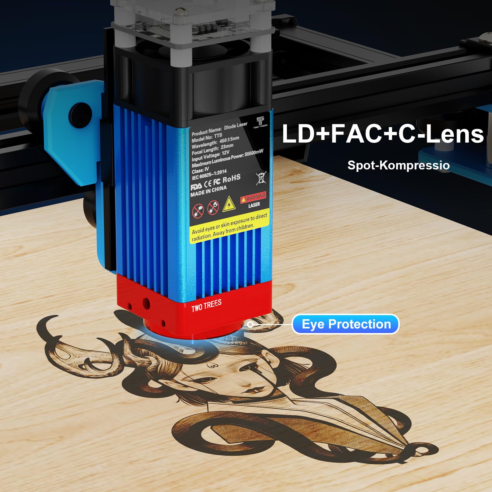 Twotrees TTS 55 Pro Laser Graviermaschine, 5.5W Laser Cutter, 30000mm/min, Offline-Steuerung über App, Graviermaschine Mit Schutzbrille für Holz, Leder, Acryl, 300x300mm Arbeitsbereich