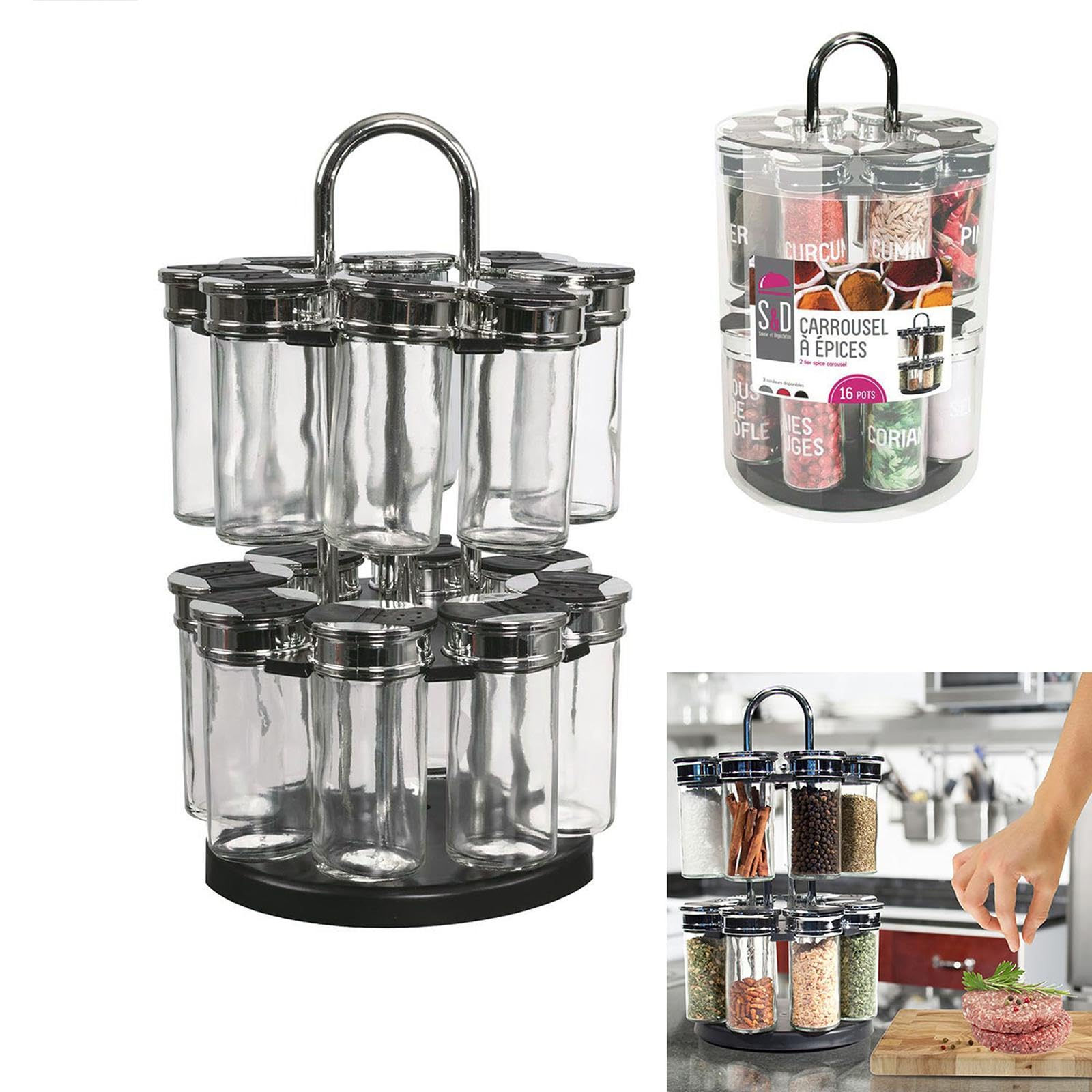 COOK CONCEPT Carosello Rotondo di 16 Vasi per Spezie con 2 Livelli, 19 cm x 19 cm x 31.5 cm, Trasparente/Nero