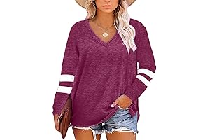 Womens Plus Size Tops V Neck T Shirt Color Block Long Sleeve