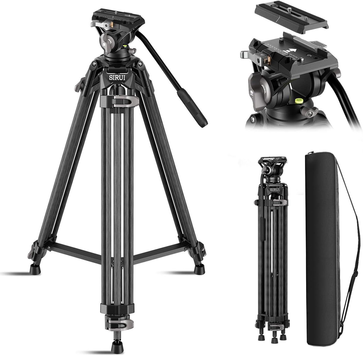SIRUI Quick Release Carbon Fiber Video Tripod, 73″ Heavy Duty Tripod with Fluid Head and One-Step QR Plate Locking System, Professional for DSLR Cameras Camcorders, Max Load 33lbs / 15kg, AVT-12