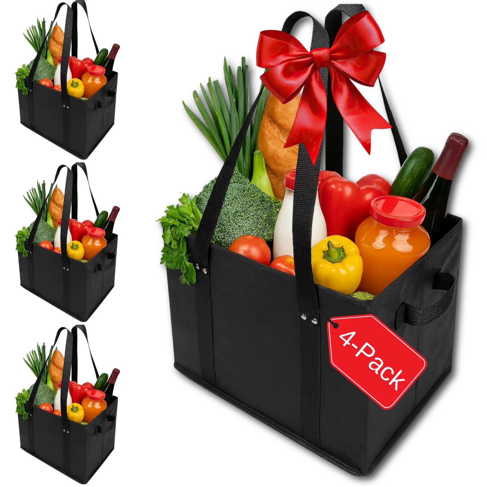 BAG-THAT! 4pk Reusable Grocery Bags Shopping Bags Tote Box Large Heavy Duty Groceries Bag Handles Foldable Reinforced Bottom (Black)