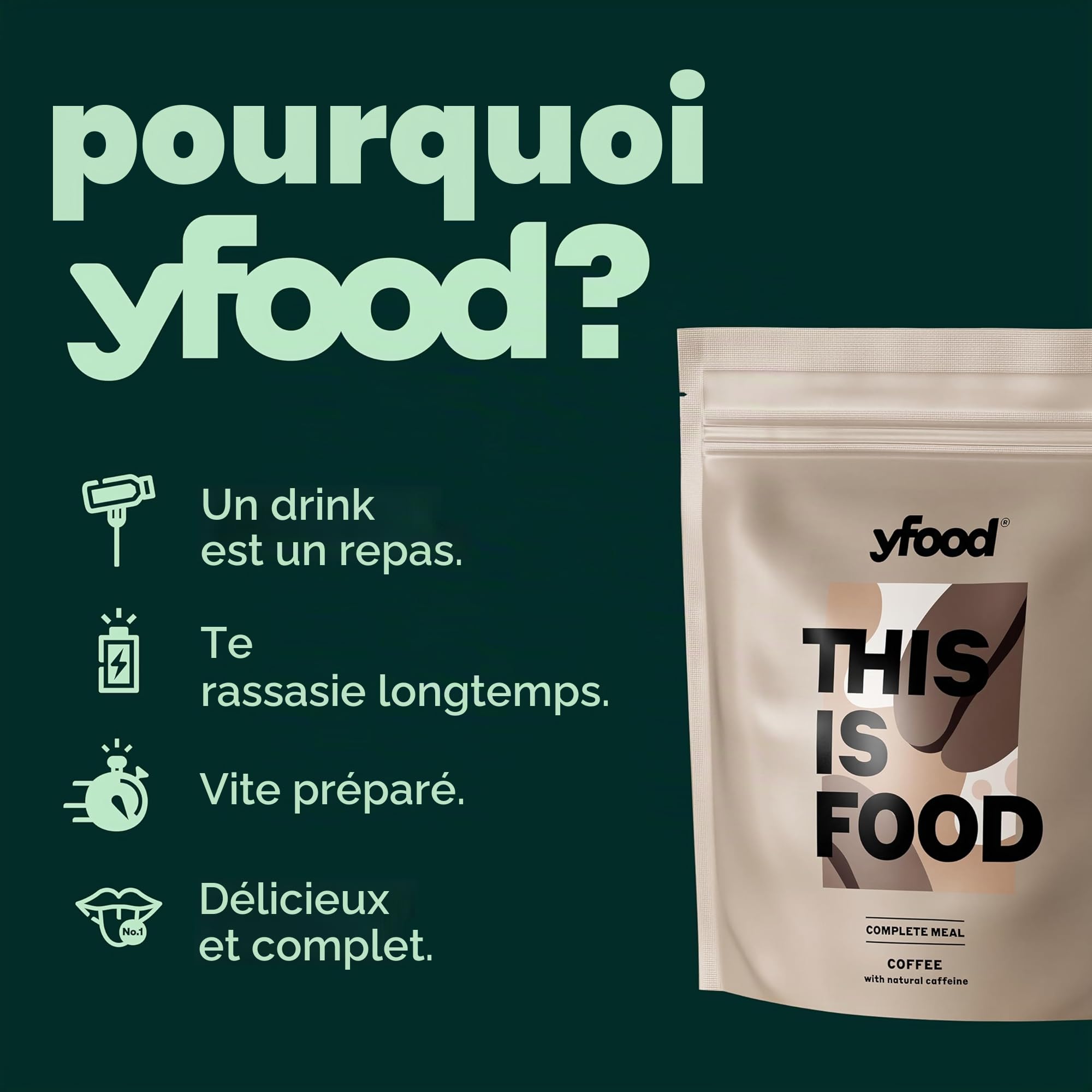 yfood Poudre Coffee, délicieux repas à boire à emporter en poudre, 25 g de protéines, 12 repas, 26 vitamines et minéraux, goût café