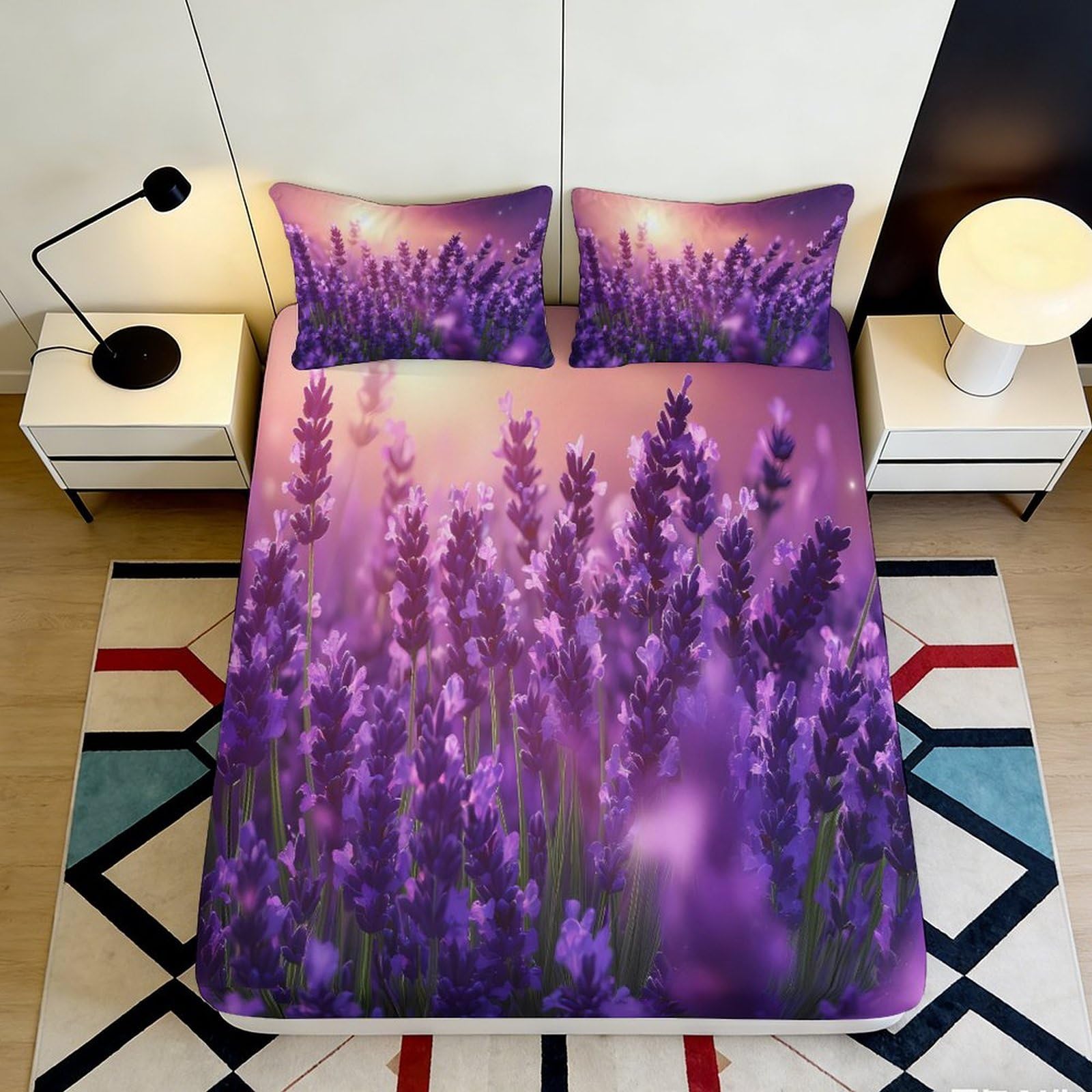 3D Printed Lavender Field Fitted Sheet Microfiber Soft Purple Sunset Mattress Cover for Bedroom Guest Room Decor 140x200x25cm