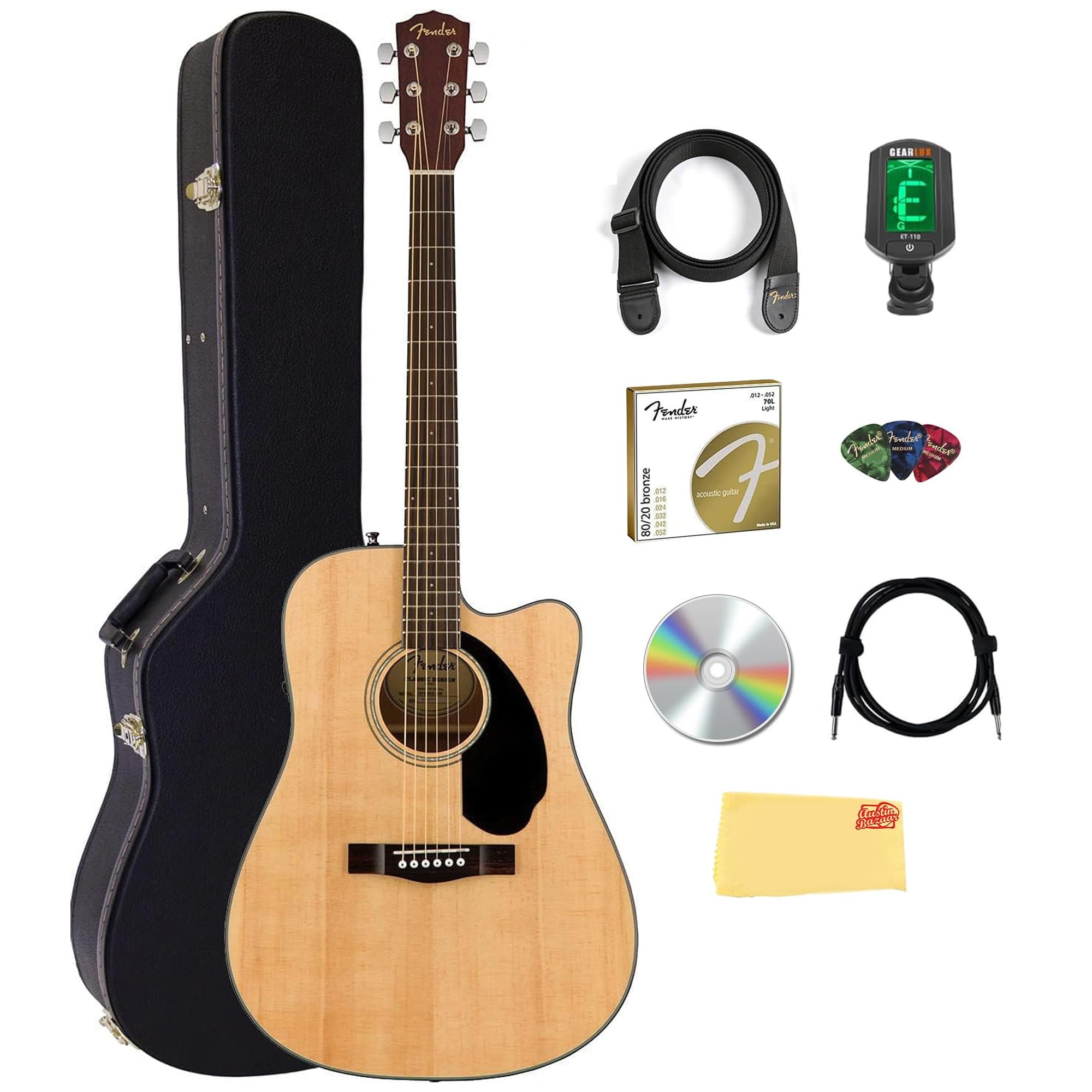 Fender CD-60SCE Solid Top Dreadnought Acoustic-Electric Guitar - Natural Bundle with Hard…