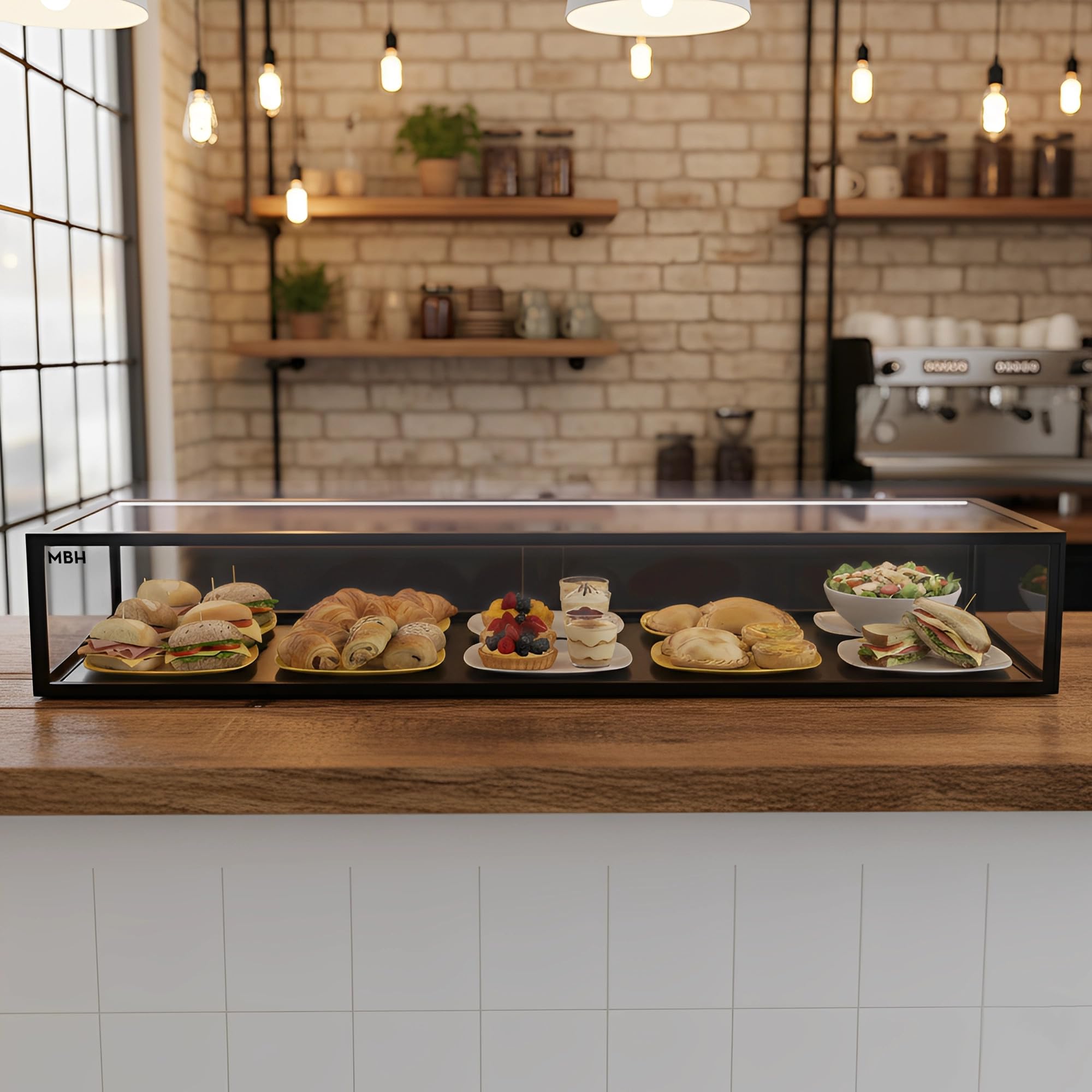 MBH - Vitrina Expositora Neutra de Sobremostrador 120x33 cm, Cristal Recto Templado, 1 Piso, con Iluminación LED, Puertas Traseras Correderas, para Bar, Cafetería, Restaurante, Bollería y Repostería.