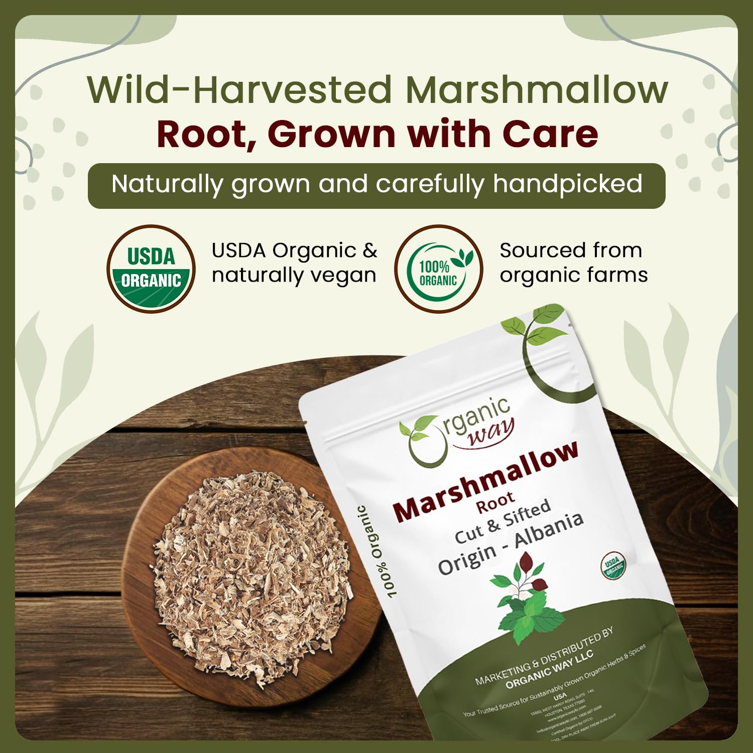 Organic Way Marshmallow Root (Althaea officinalis) Cut & Sifted - Herbal Tea | European Wild-Harvest | USDA & Kosher Certified | Vegan, Non GMO & Gluten Free | Origin - Albania (1LBS / 16Oz)