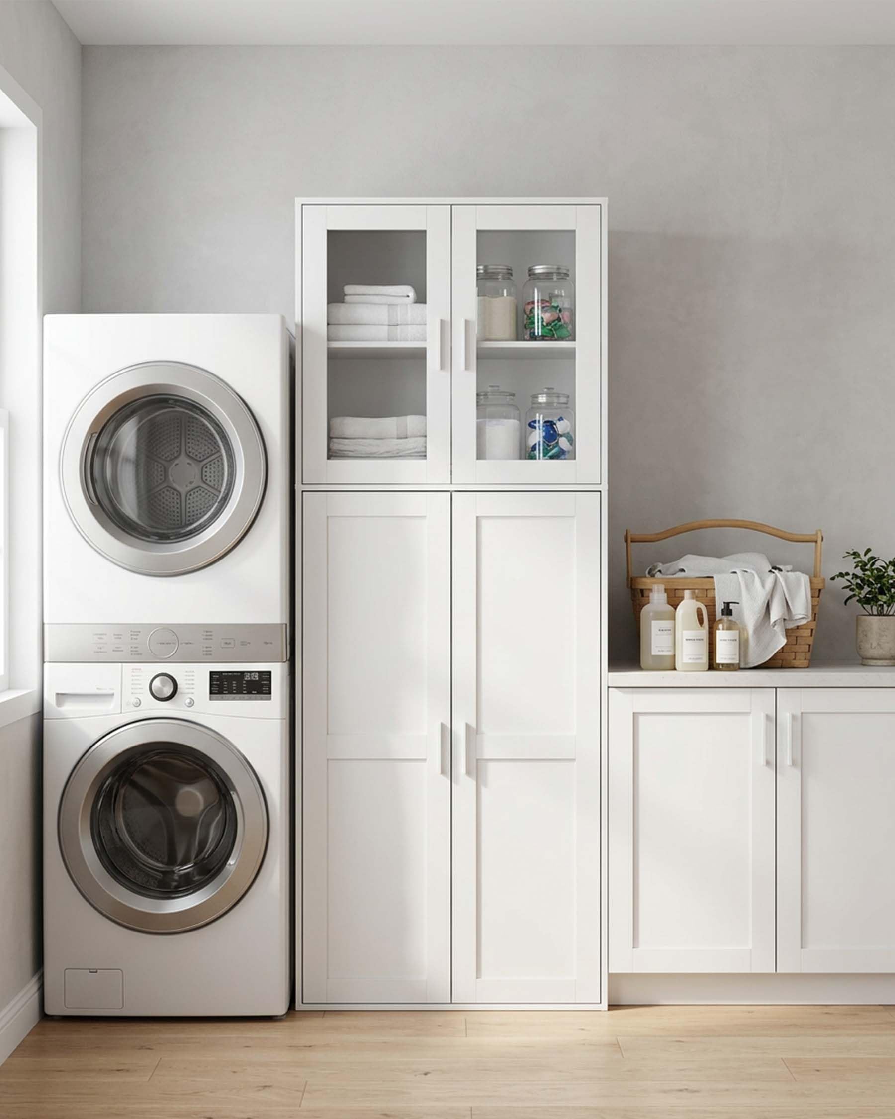 Armario Escobero y Mueble Auxiliar con Puerta de Cristal, Armario Columna de Cocina para Aspiradora, Diseño Shaker Blanco, Despensa Alta para Lavadero y Entrada, 65x30x165cm