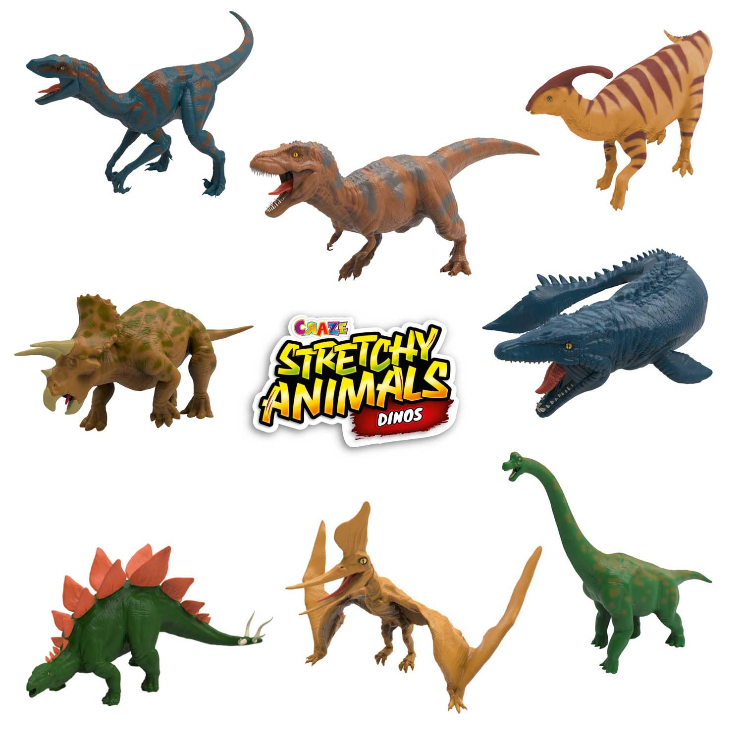 Craze Stretchy Animals Dinos Komplette Sammlung - 12x Superdehnbare Dino Figuren, Dinosaurier Spielzeug zum Sammeln mit elastischer Haut und spezieller Füllung