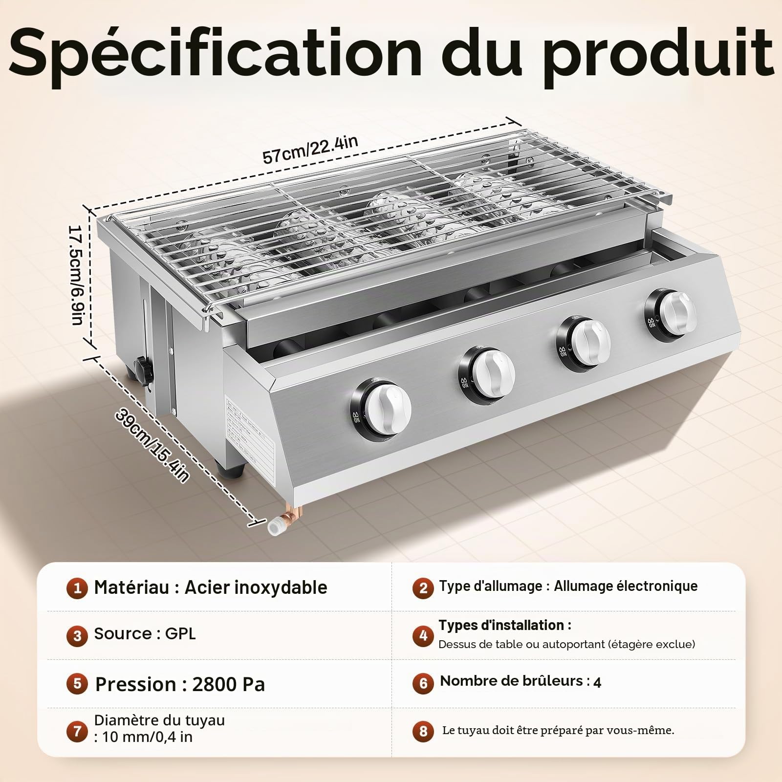 Barbecue à Gaz de Jardin en Acier Inoxydable, Grille de Cuisson Adjustable avec 4 Brûleurs, Surface de Cuisson 55x23 cm, Idéal pour Terrasse, Jardin et Extérieur (Argent)