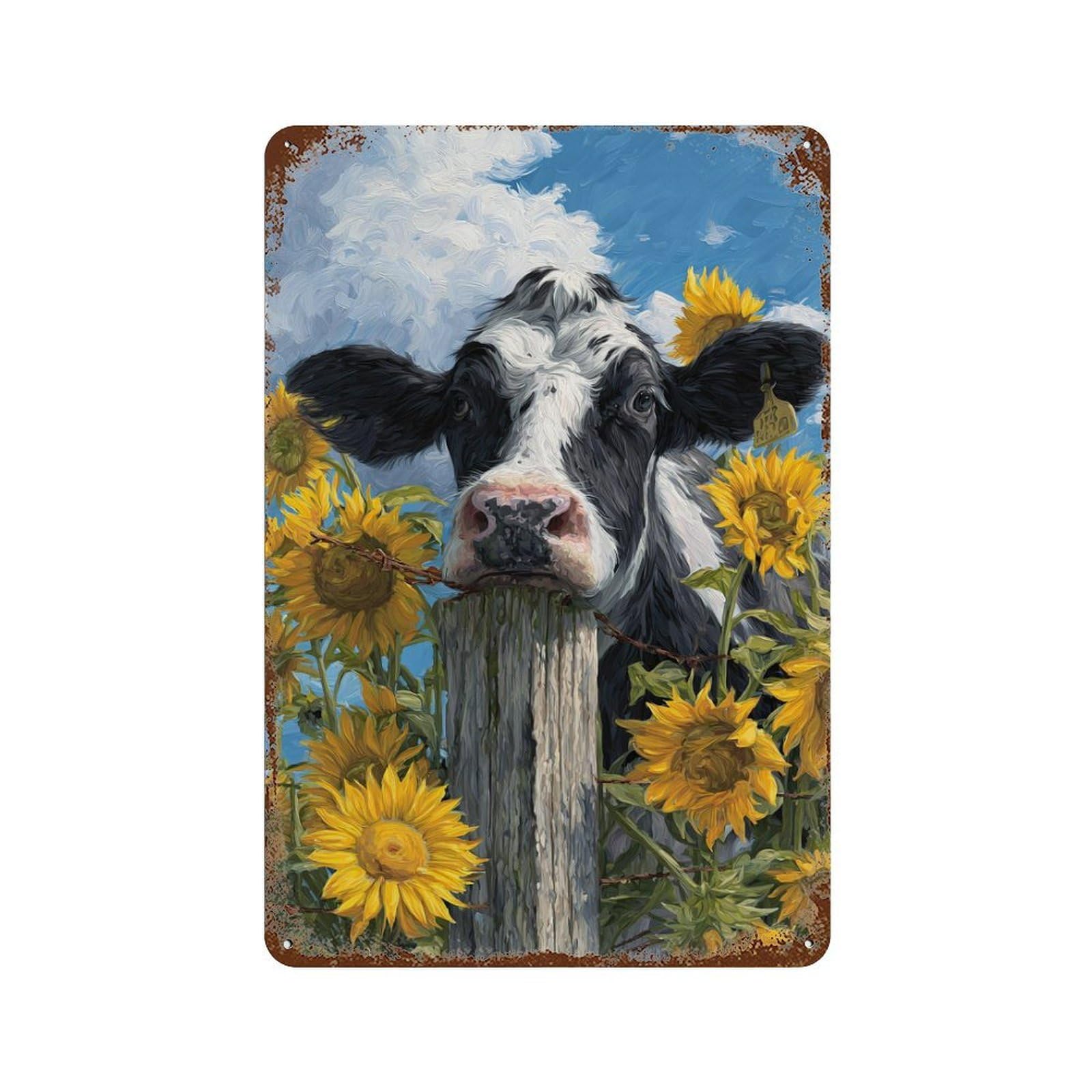 Cow with Sunflowers Vintage Rust Metal Sign 11.8"x7.9", Farmhouse Wall Decor for Garage, Pub Or Kitchen