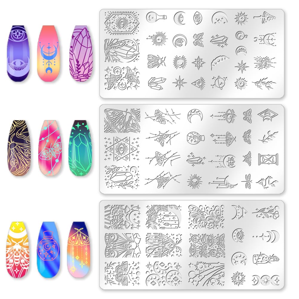 beinkmake 3Pcs Moth Nail Stamping Plate Set Butterfly Sun Moon Eyes Crystal Stainless Steel Nail Stamp Templates Clear Silicone Nails Stamping with Stamper Scraper for Manicure Printing - Image 3
