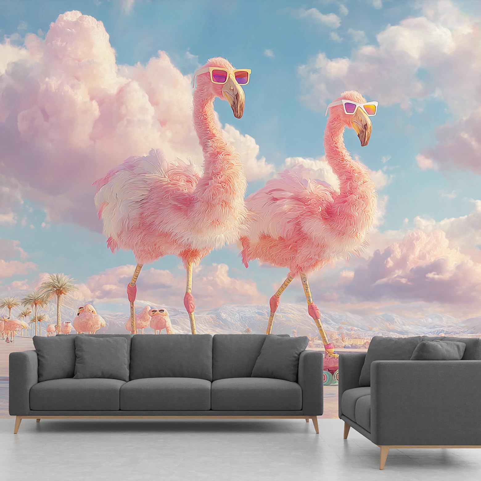 Papier peint flamant rose intissé grand format et fresque murale oiseaux 250 x 352 cm