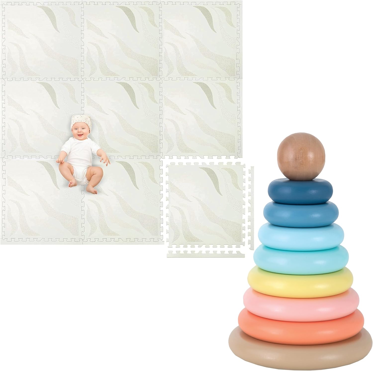 Play Platoon Non-Toxic Kids Play Mats for Floor, Extra-Thick Foam Tiles, Playmat for Toddlers & Childrens Playroom, Wooden Rainbow Stacking Toy Ring Stacker Toy, Educational Interactive Learning Toys