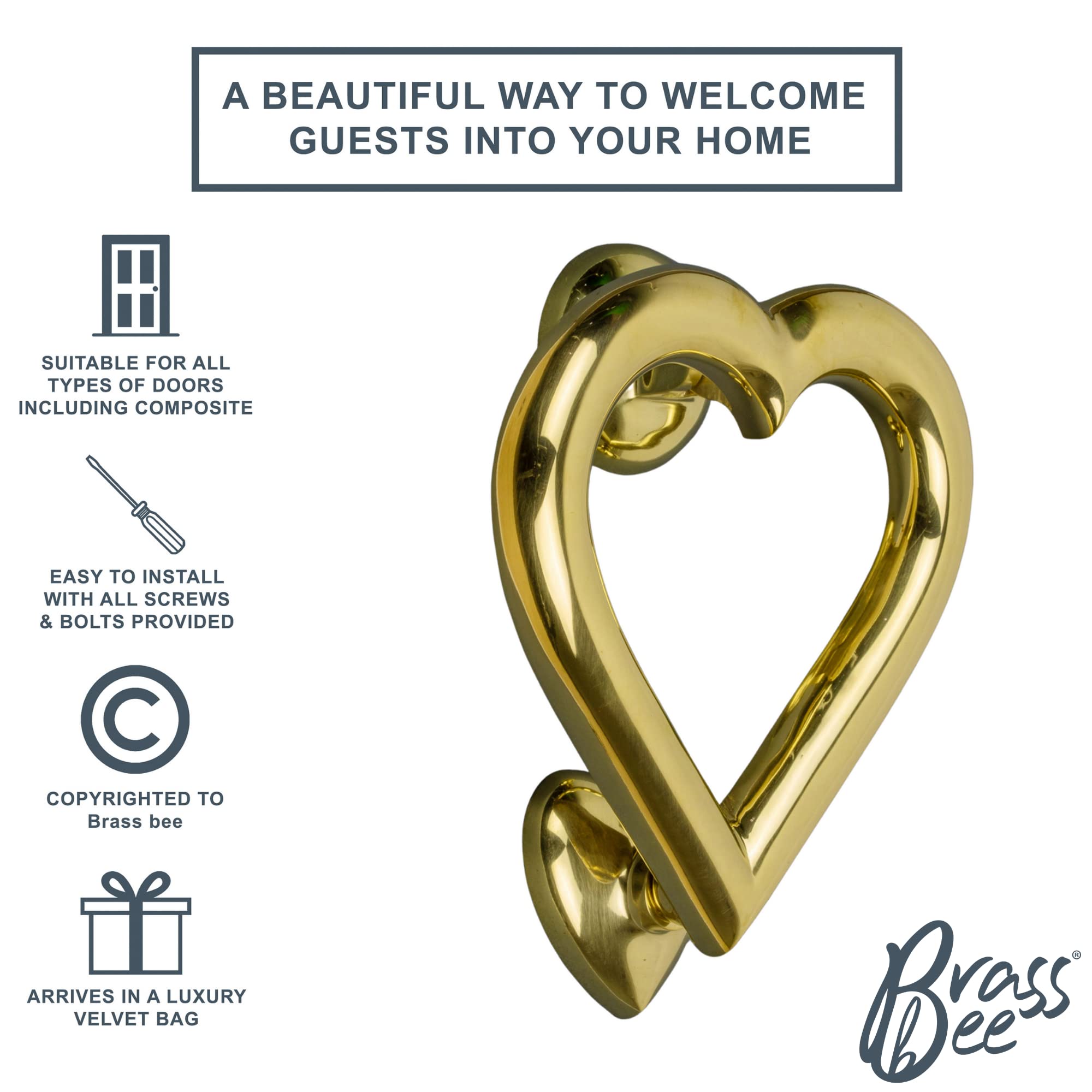 Brass Bee - Battente porta in ottone con finitura in ottone, battente a forma di cuore, in ottone massiccio