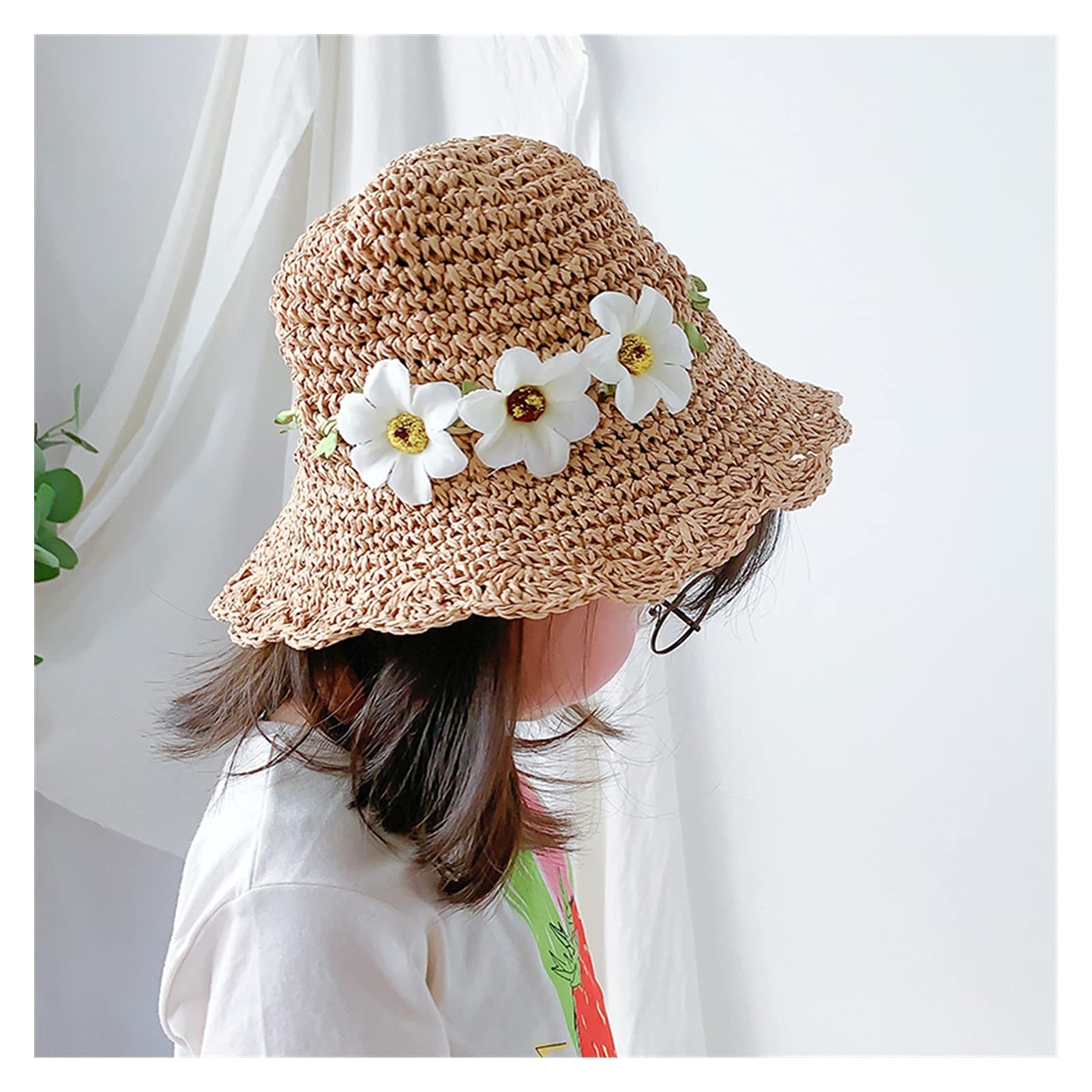 Kinder-Sommerhut, Kinder-Strohhut, handgefertigt, gewebter Sommerhut, Sonnenhut, Mädchenhut, Baby-Frühlings- und Sommerkranz-Sonnenhut (Khaki M 1 2Y)