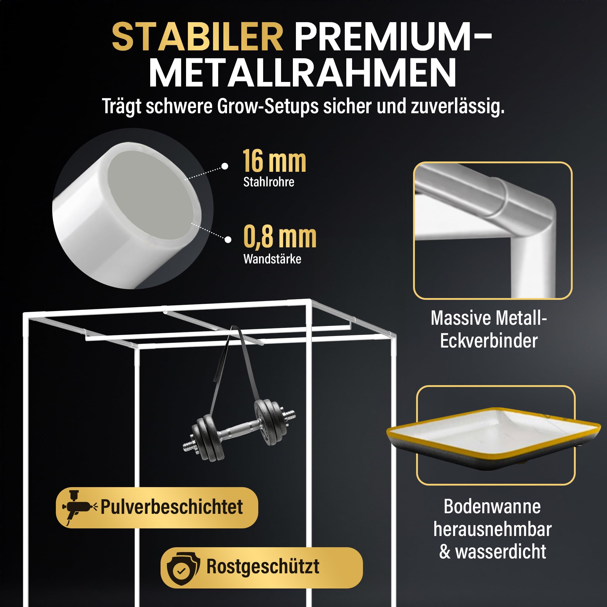 Edelweiss PRO Growzelt 100x100x200 cm, lichtdichtes Indoor-Grow-Zelt, PAR-White Innenfläche, 2000D Black-Armor, 16 mm Metallrahmen