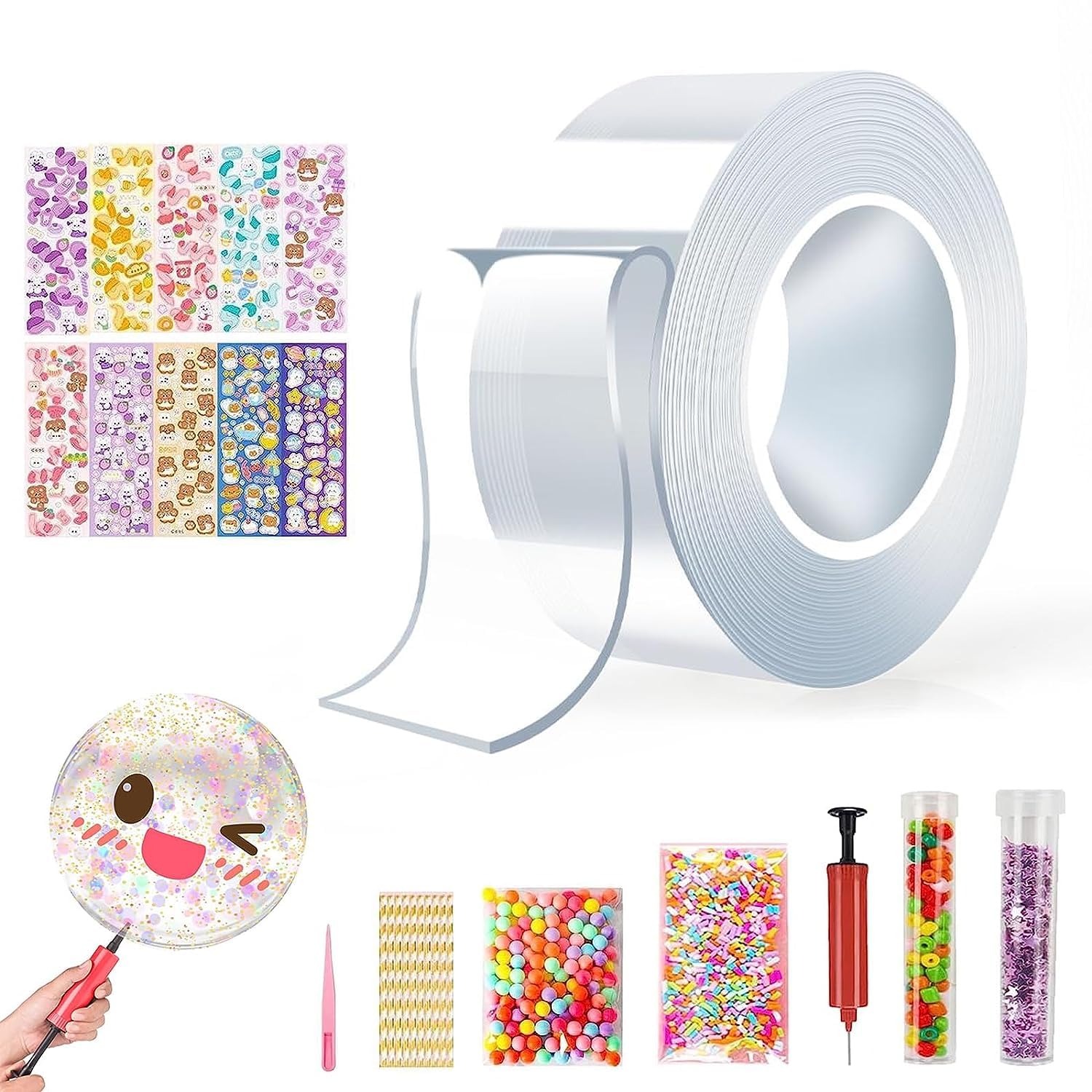 Bubble Blowing Nano Tape, (9.84ft × 2inch) Transparent Reusable Nano Adhesive Tape, Washable Traceless Strong Gel Tape for Boys, Girls, Kids, Adults (Pink)