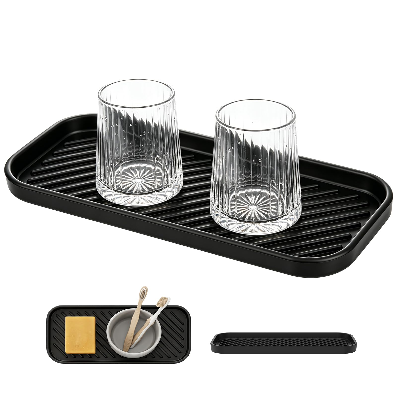 BOBASH Silicone Organizer Tray, Multi-Use Kitchen Sponge Holder & Bathroom Countertop Soap Tray, Non-Slip Quick-Drying Scrubber Scouring Pad Caddy(black,rectangular stripes)