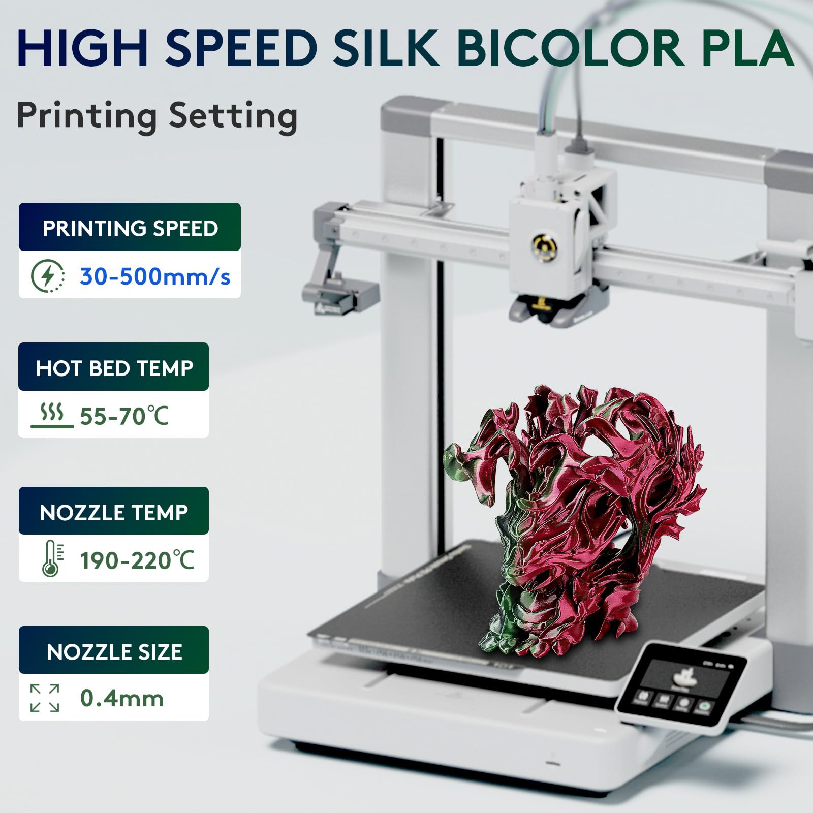 ERYONE Filamento PLA bicolore doppio 1,75 mm, filamento stampante 3D bobina da 1 kg +/- 0,02 mm, seta rossa e verde