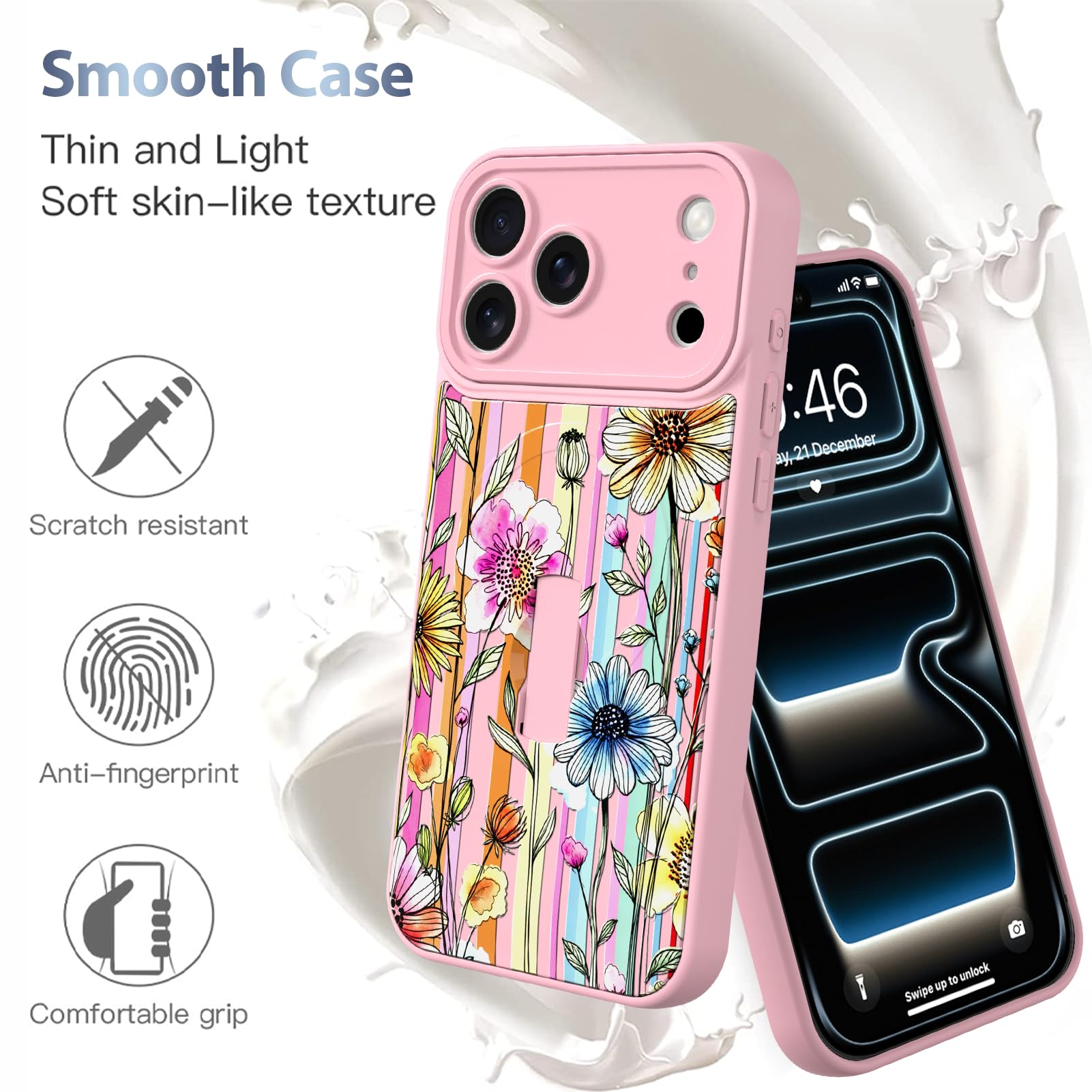 AIGOMARA Custodia magnetica per iPhone 17 Pro - Rosa, motivo floreale a | [Compatibile con MagSafe] Rosa Blu Disegno Fiore Colorato Morbido TPU Hard PC Back Anti-caduta Sottile Cover con Finger Strap