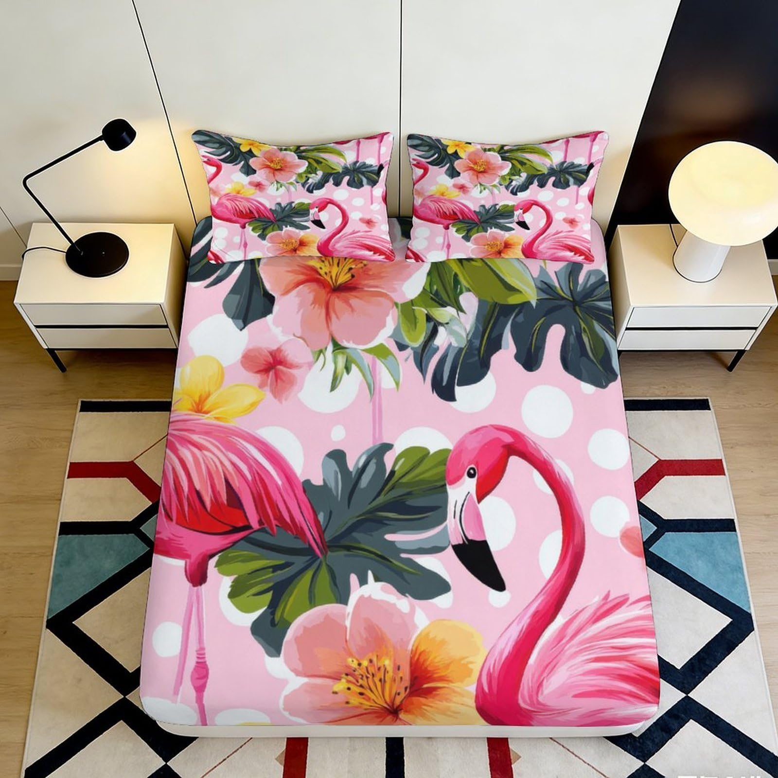 3D Printed Flamingo Tropical Flower Fitted Sheet Microfiber Non-Slip Mattress Cover for Bedroom Dorm Machine Washable 200x200x25cm