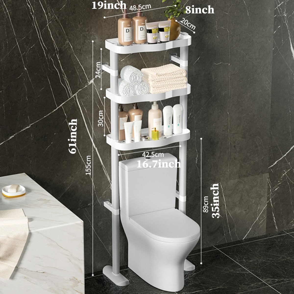 Over The Toilet Storage White, Plastic Over-The-Toilet Rack Bathroom Space Saver Organizer, Freestanding Above Toilet, Space Saver Bathroom Organizer For Bathroom, Laundry ( Color : /White , Size : 2