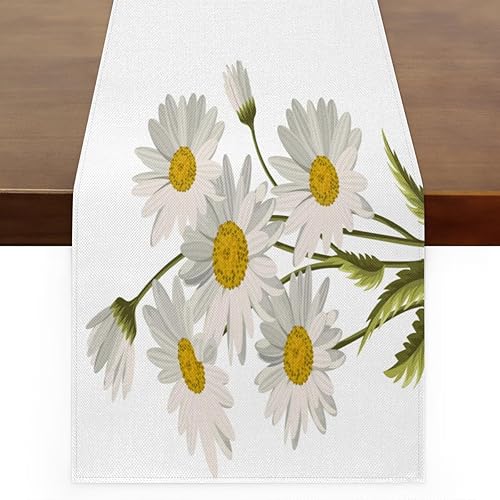 Camino de mesa floral y margarita, mantel de lino rústico para cocina de granja, cena, eventos, fiesta, decoración de mesa de vacaciones, 13 x 36