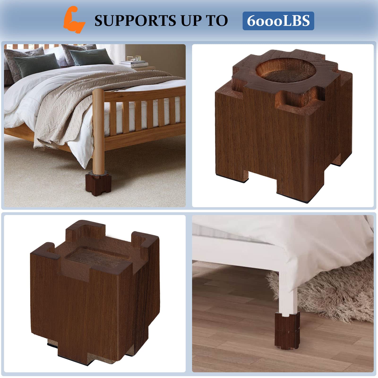 Bed Risers Furniture Riser Lifts Height 3, 6 or 8 Inch Heavy Duty for Table Desk Chair Couch Sofa, Wood Stackable Bed Lifter with DIY Non-Slip Pads, Set of 8, Walnut